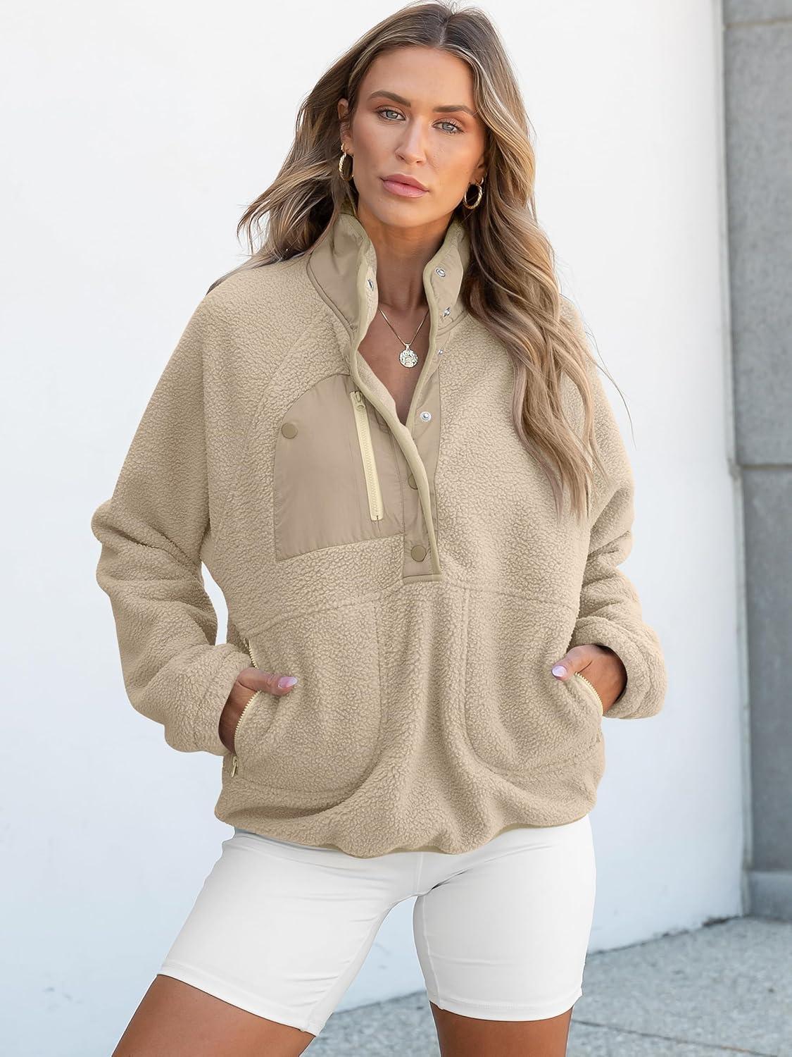 imageANRABESS Women Fuzzy Fleece Pullover Sherpa Sweatshirt Long Sleeve Button Down Warm Soft Color Block Jackets with PocketsLight Khaki