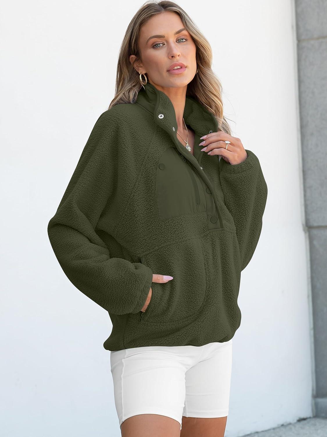 imageANRABESS Women Fuzzy Fleece Pullover Sherpa Sweatshirt Long Sleeve Button Down Warm Soft Color Block Jackets with PocketsOlive