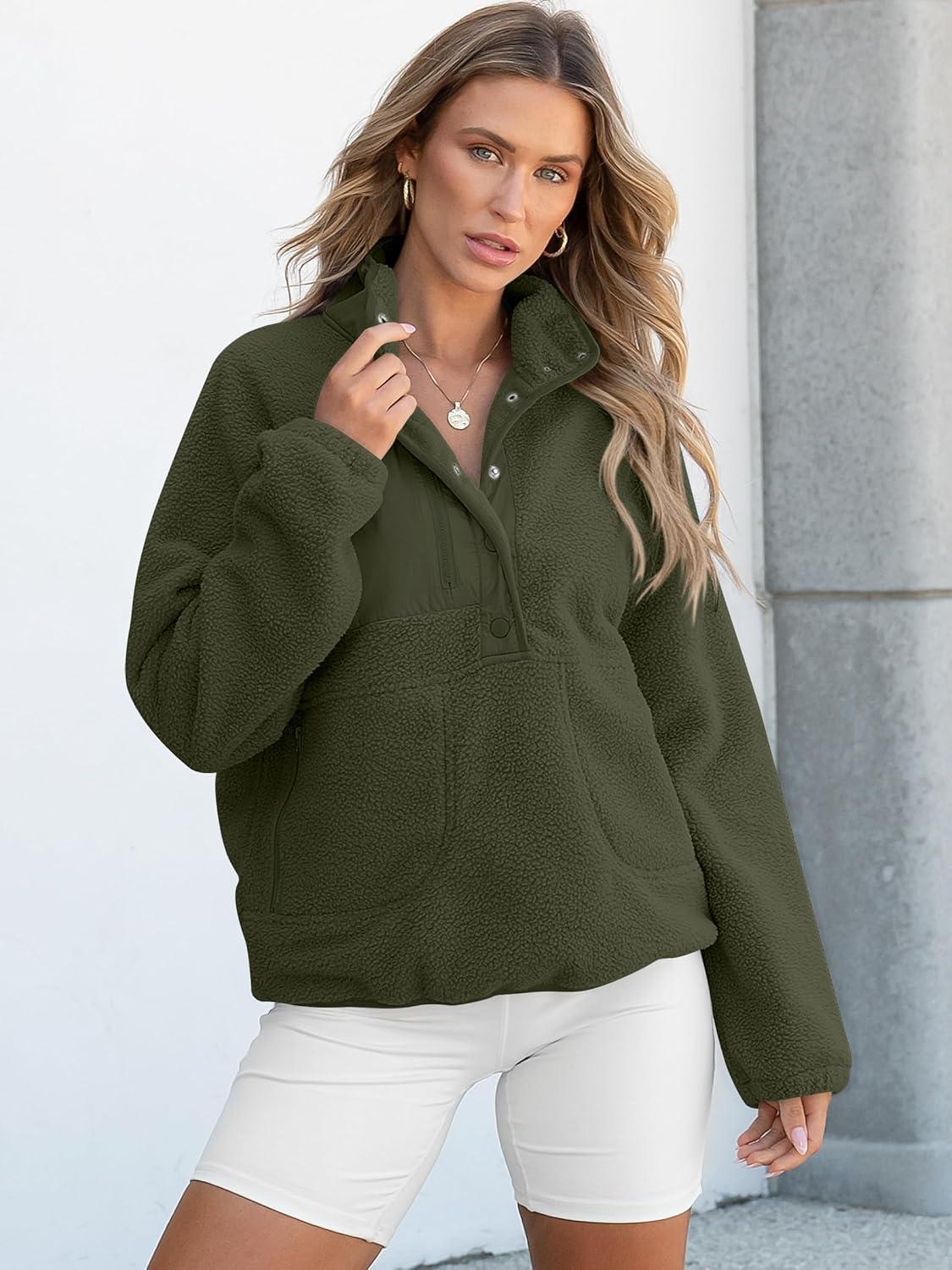 imageANRABESS Women Fuzzy Fleece Pullover Sherpa Sweatshirt Long Sleeve Button Down Warm Soft Color Block Jackets with PocketsOlive