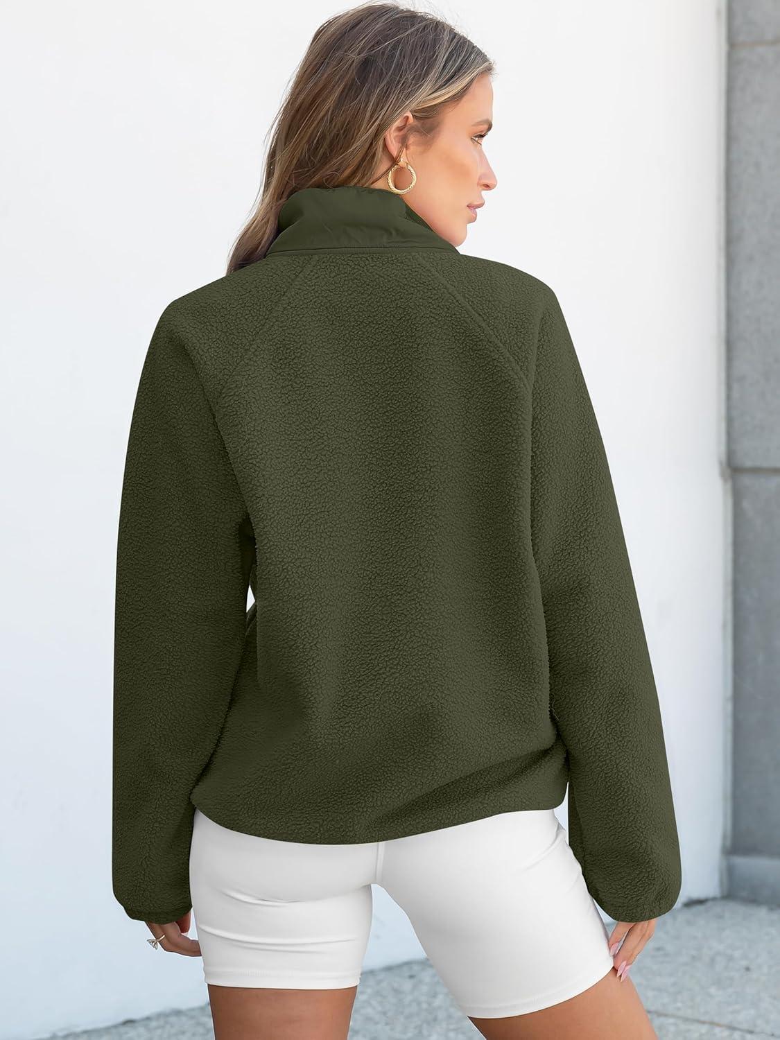 imageANRABESS Women Fuzzy Fleece Pullover Sherpa Sweatshirt Long Sleeve Button Down Warm Soft Color Block Jackets with PocketsOlive