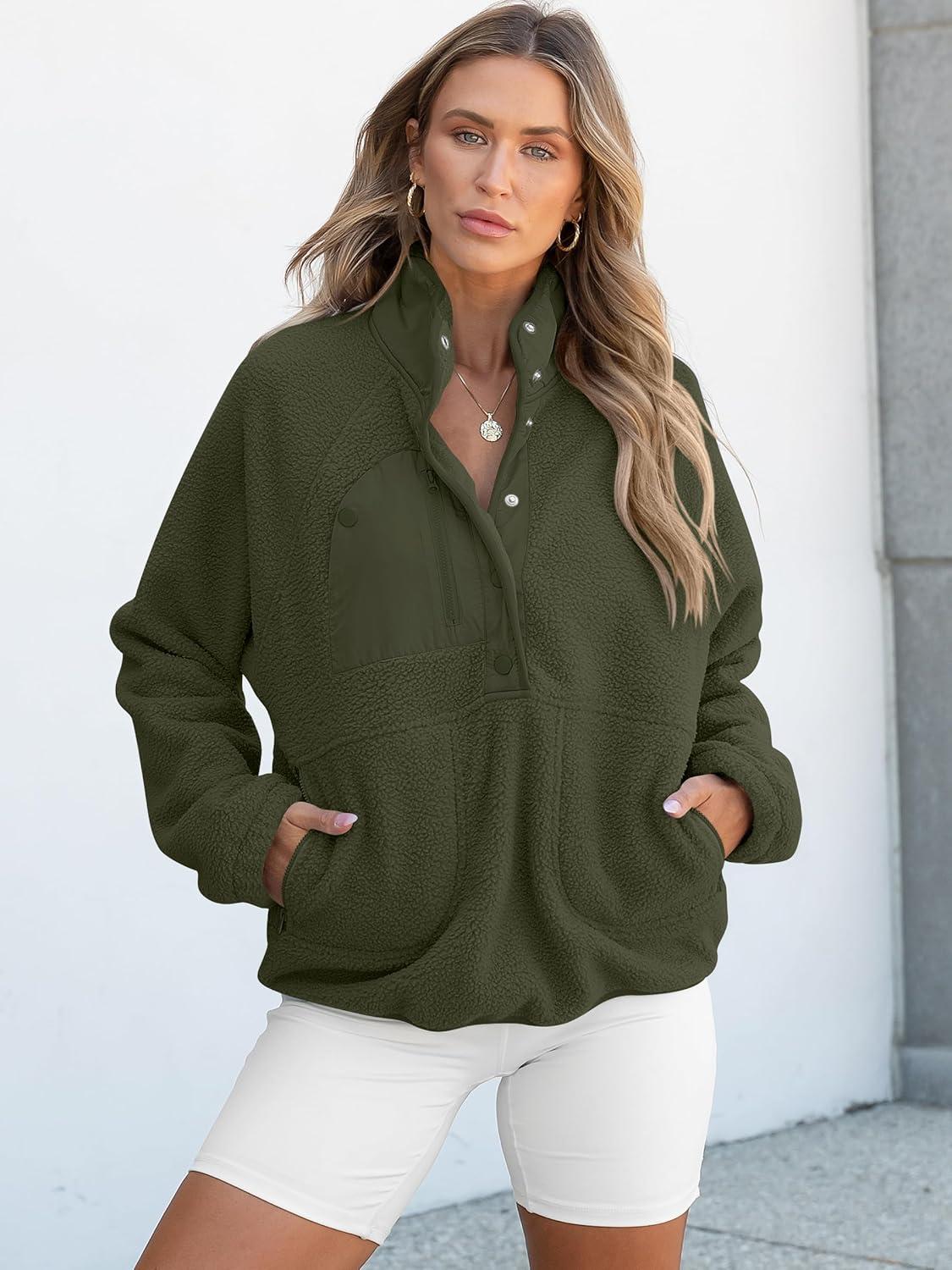 imageANRABESS Women Fuzzy Fleece Pullover Sherpa Sweatshirt Long Sleeve Button Down Warm Soft Color Block Jackets with PocketsOlive