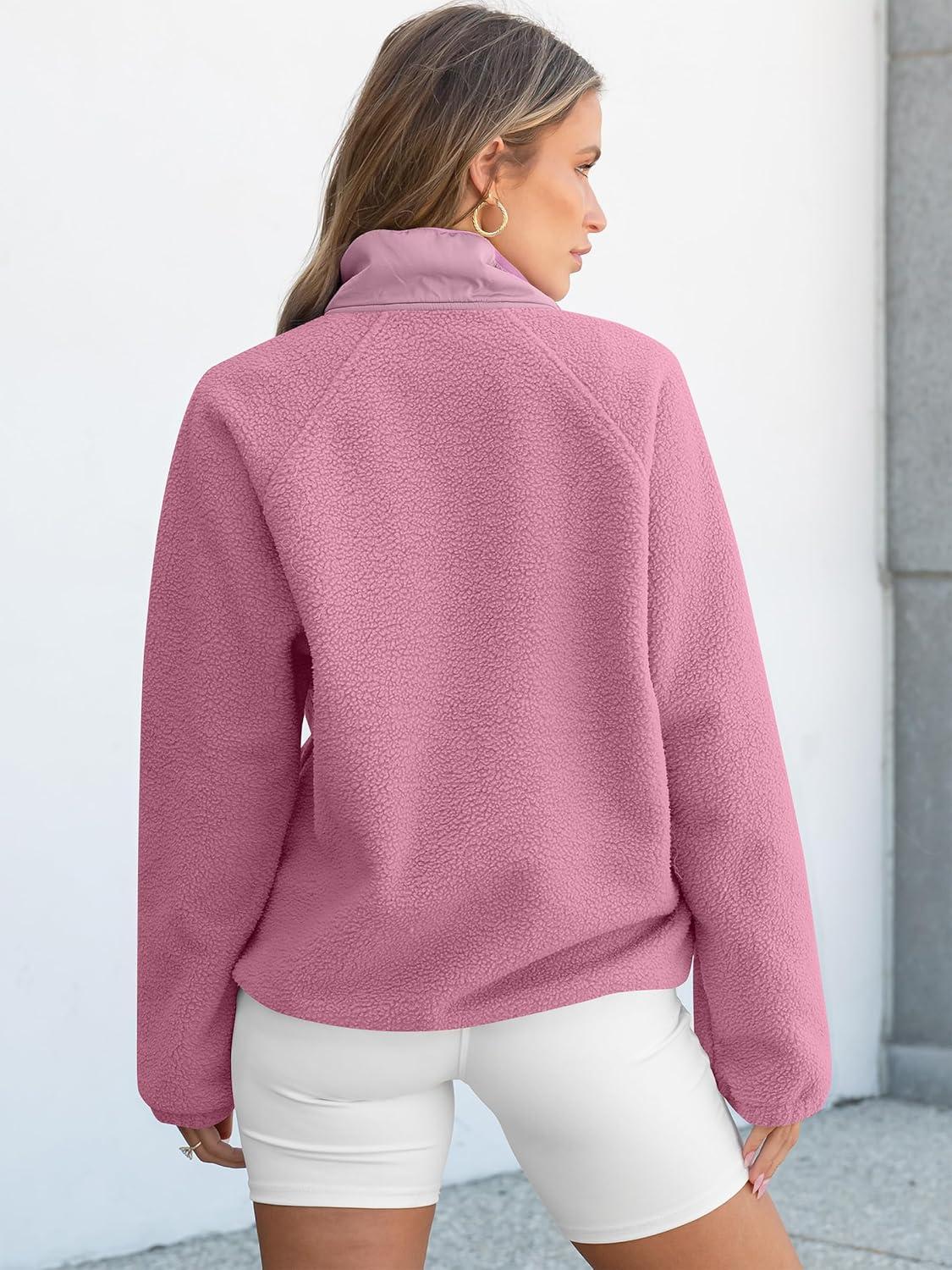 imageANRABESS Women Fuzzy Fleece Pullover Sherpa Sweatshirt Long Sleeve Button Down Warm Soft Color Block Jackets with PocketsPink