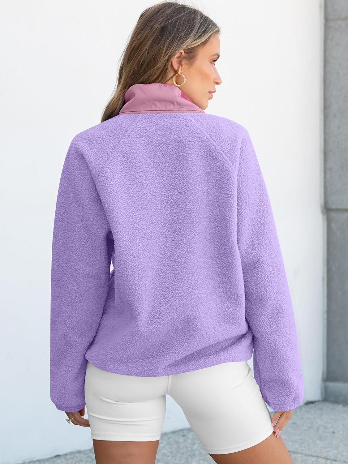 imageANRABESS Women Fuzzy Fleece Pullover Sherpa Sweatshirt Long Sleeve Button Down Warm Soft Color Block Jackets with PocketsPurple