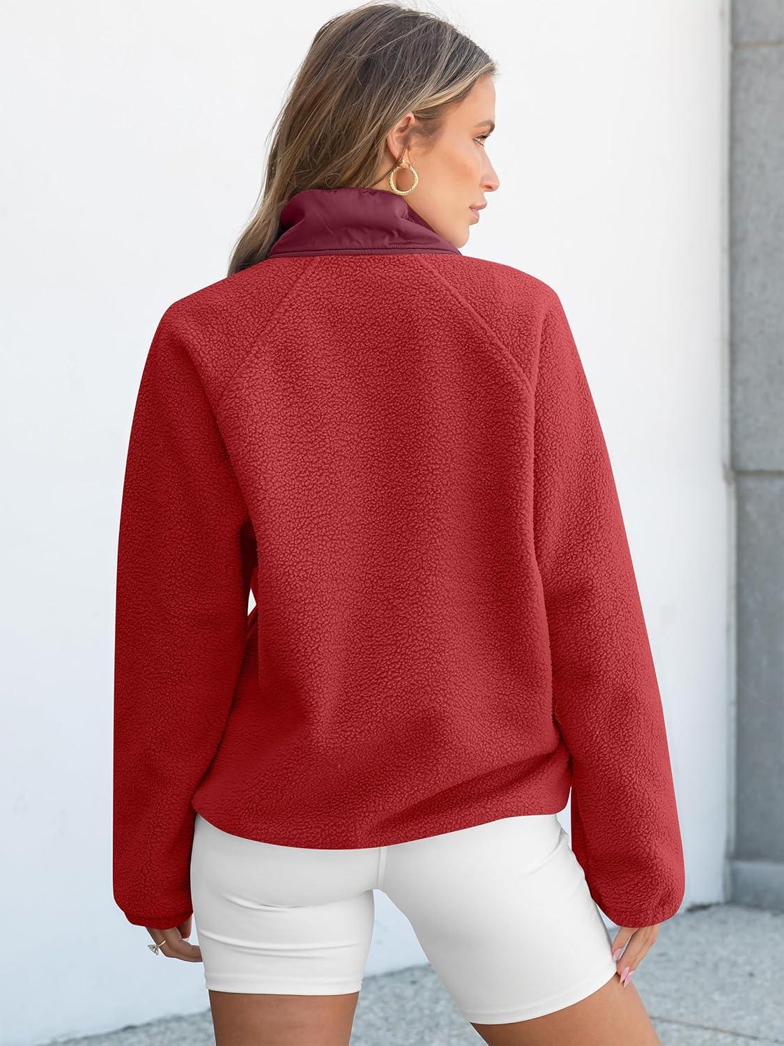 imageANRABESS Women Fuzzy Fleece Pullover Sherpa Sweatshirt Long Sleeve Button Down Warm Soft Color Block Jackets with PocketsRed