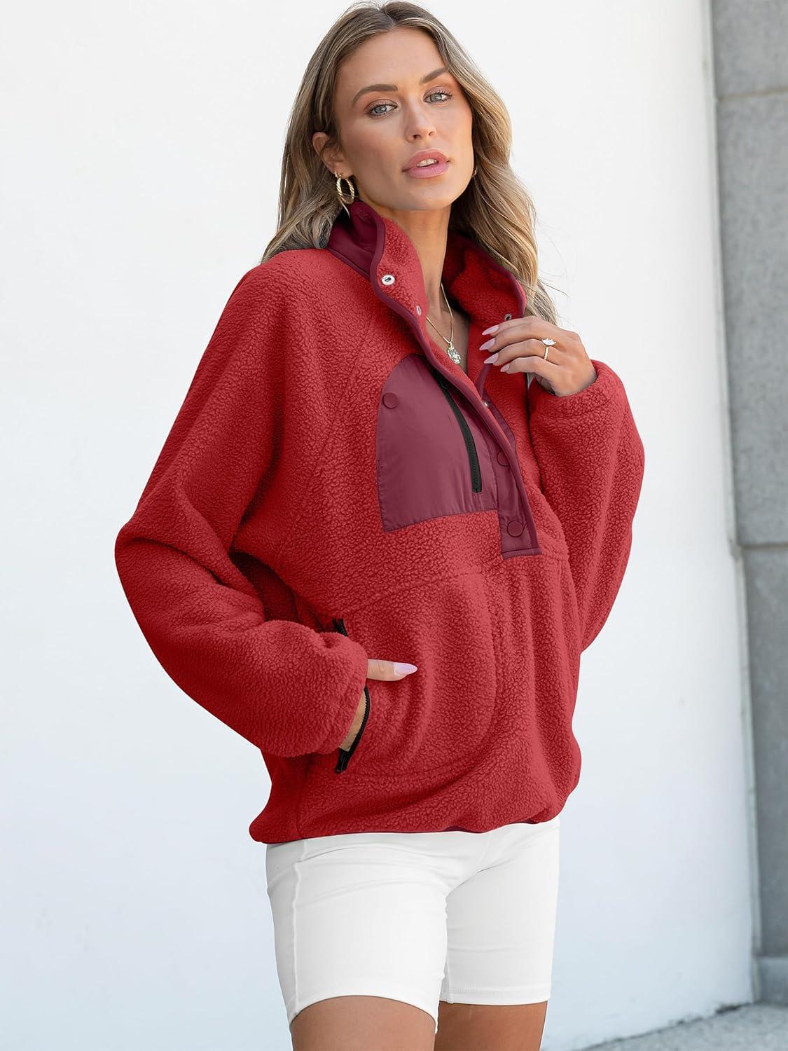 imageANRABESS Women Fuzzy Fleece Pullover Sherpa Sweatshirt Long Sleeve Button Down Warm Soft Color Block Jackets with PocketsRed