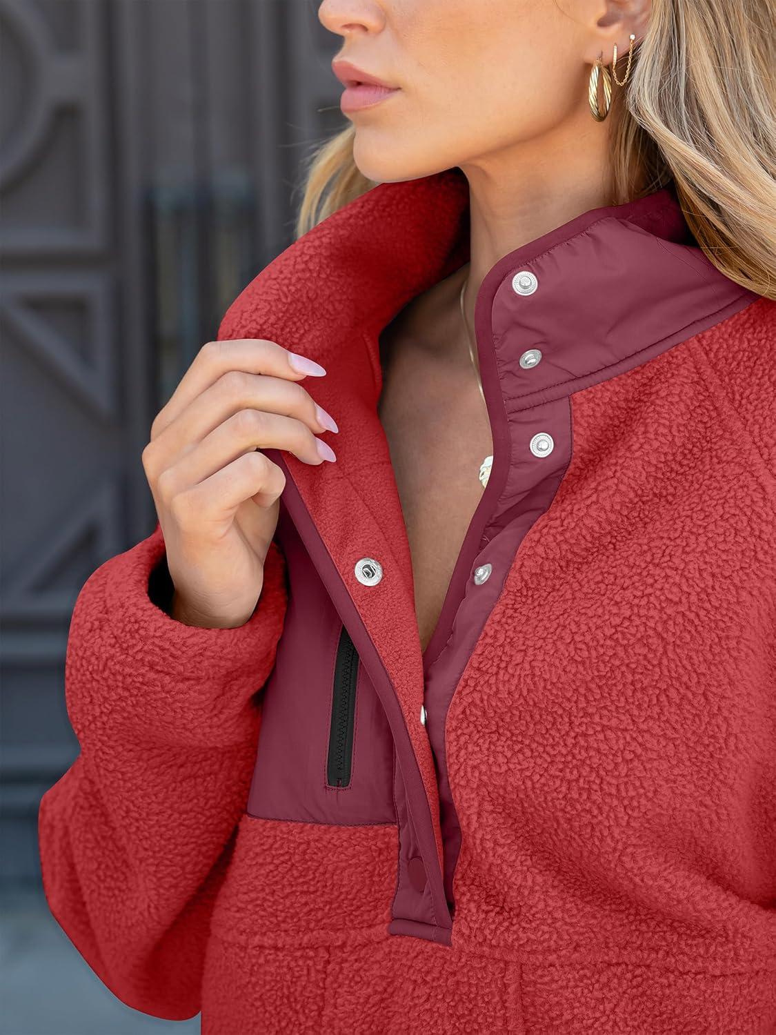 imageANRABESS Women Fuzzy Fleece Pullover Sherpa Sweatshirt Long Sleeve Button Down Warm Soft Color Block Jackets with PocketsRed