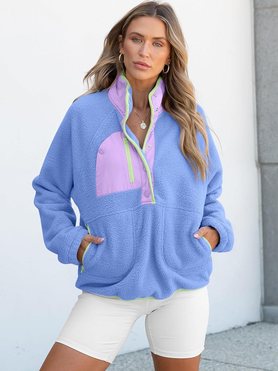 imageANRABESS Women Fuzzy Fleece Pullover Sherpa Sweatshirt Long Sleeve Button Down Warm Soft Color Block Jackets with PocketsSky Blue
