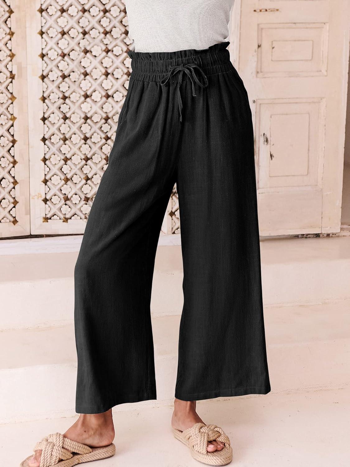 imageANRABESS Women Linen Pants Casual Loose High Waist Boho Wide Leg Cropped Palazzo Beach Pants Summer Outfits 2025 TrendyBlack