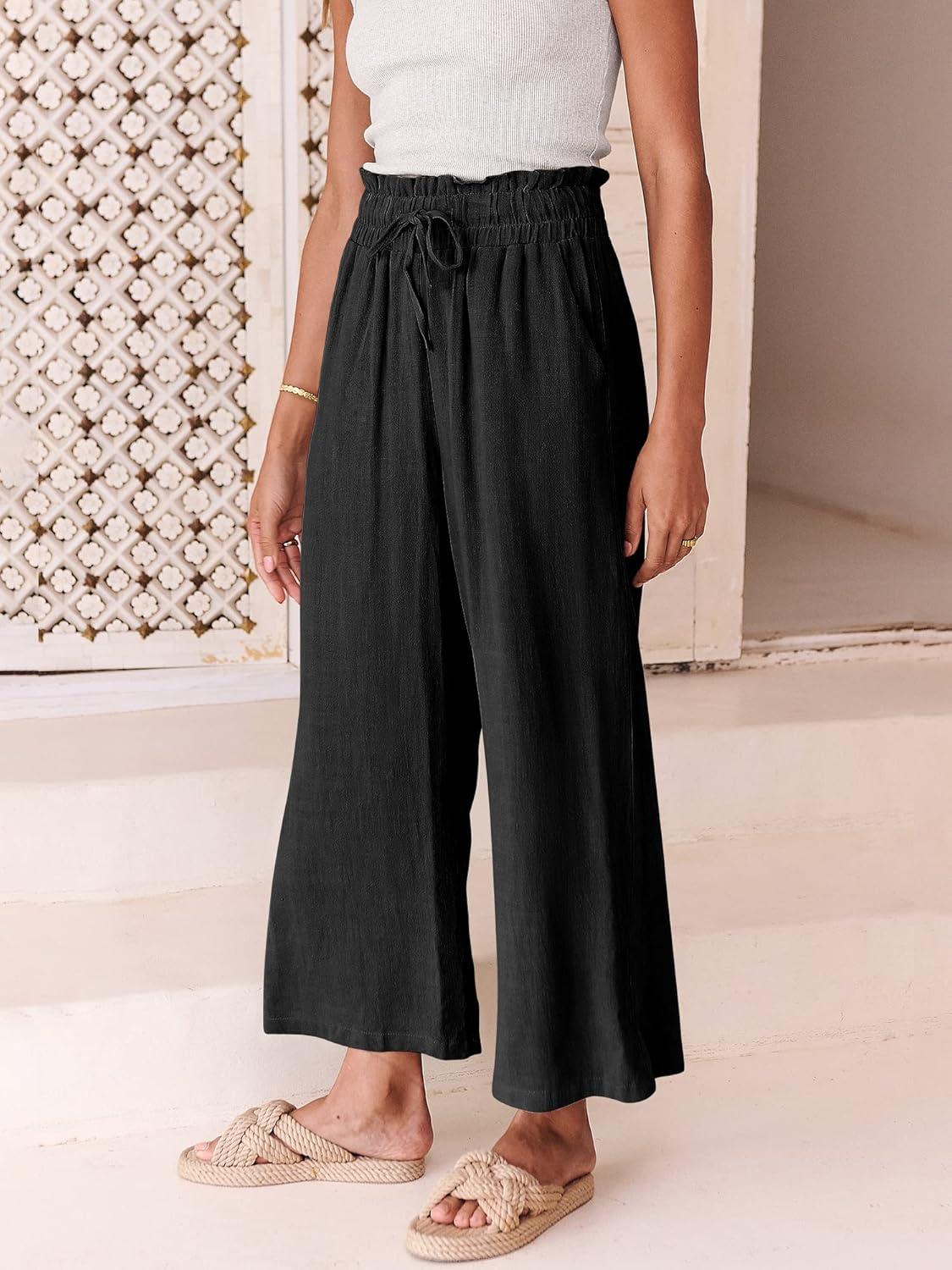 imageANRABESS Women Linen Pants Casual Loose High Waist Boho Wide Leg Cropped Palazzo Beach Pants Summer Outfits 2025 TrendyBlack