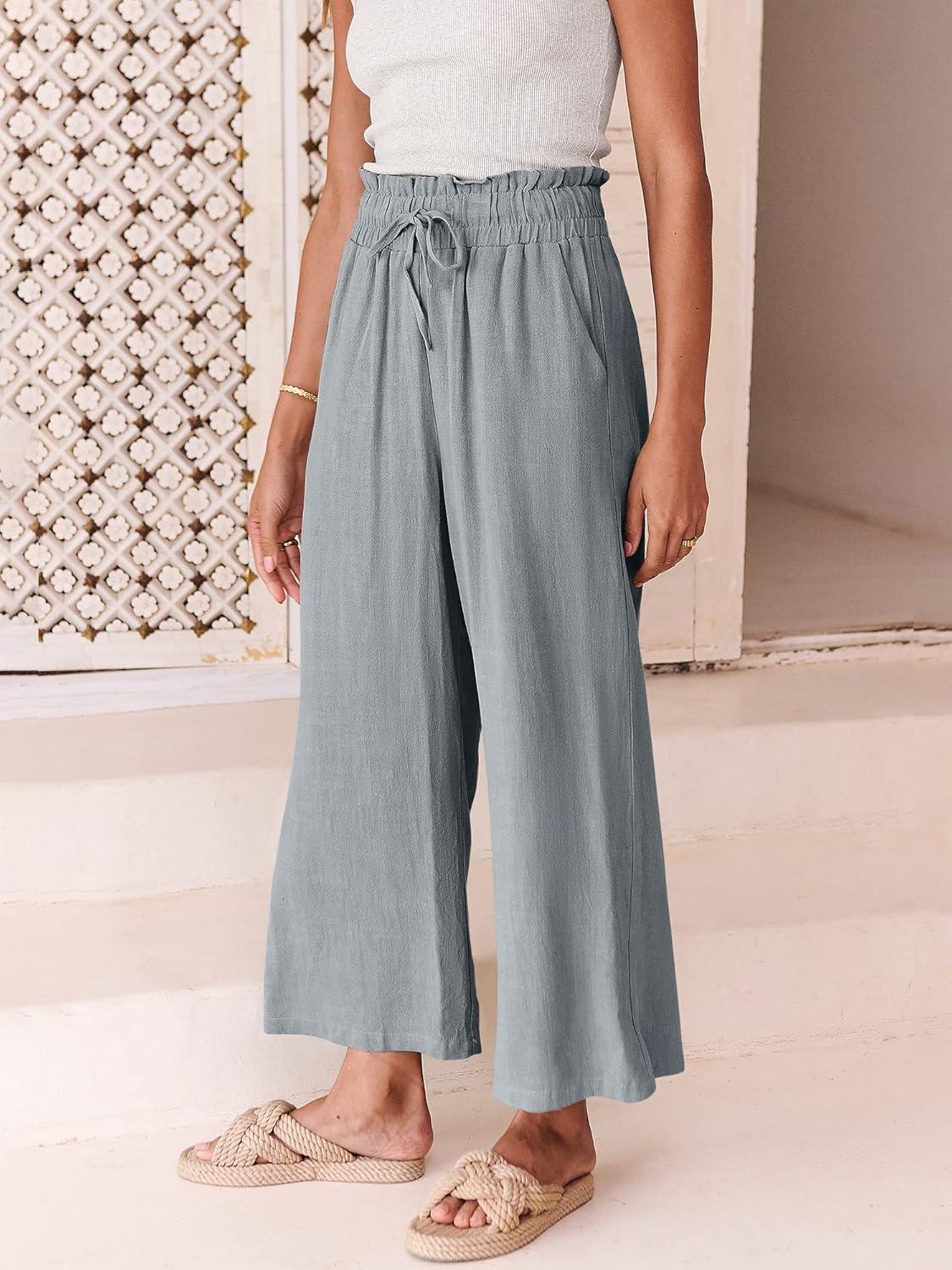 imageANRABESS Women Linen Pants Casual Loose High Waist Boho Wide Leg Cropped Palazzo Beach Pants Summer Outfits 2025 TrendyGray