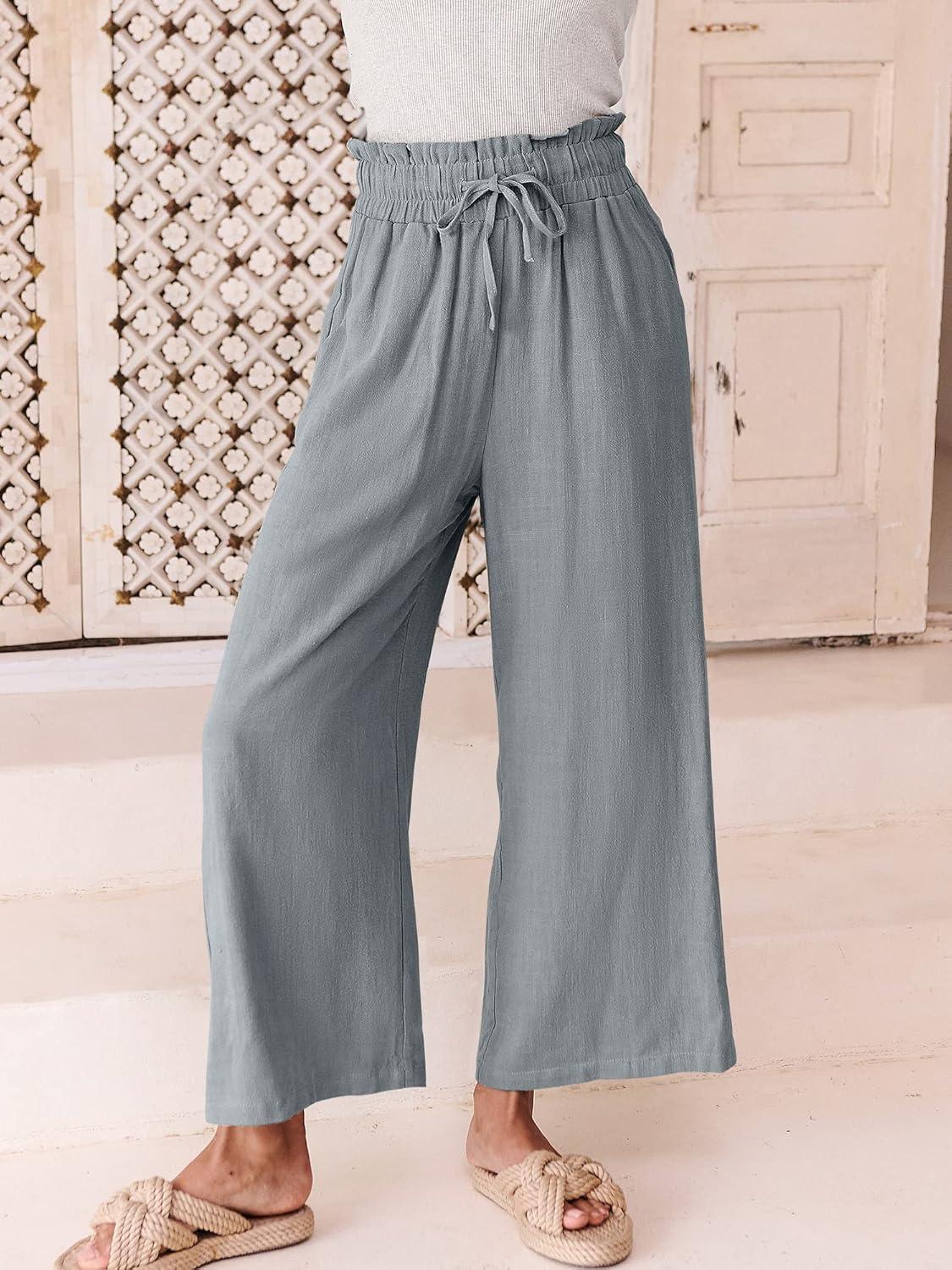 imageANRABESS Women Linen Pants Casual Loose High Waist Boho Wide Leg Cropped Palazzo Beach Pants Summer Outfits 2025 TrendyGray