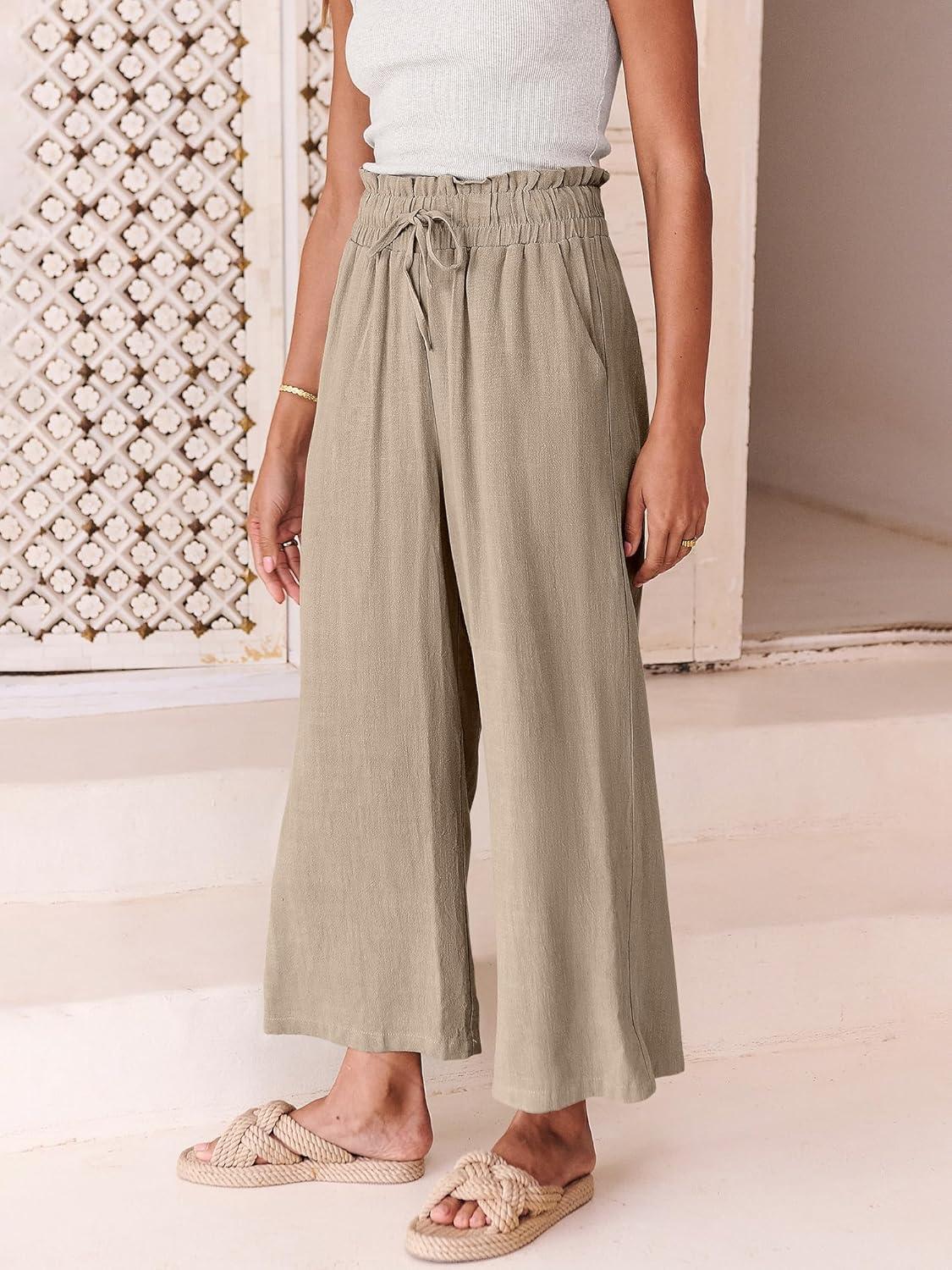 imageANRABESS Women Linen Pants Casual Loose High Waist Boho Wide Leg Cropped Palazzo Beach Pants Summer Outfits 2025 TrendyKhaki
