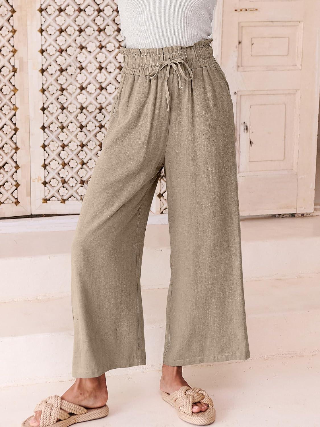 imageANRABESS Women Linen Pants Casual Loose High Waist Boho Wide Leg Cropped Palazzo Beach Pants Summer Outfits 2025 TrendyKhaki