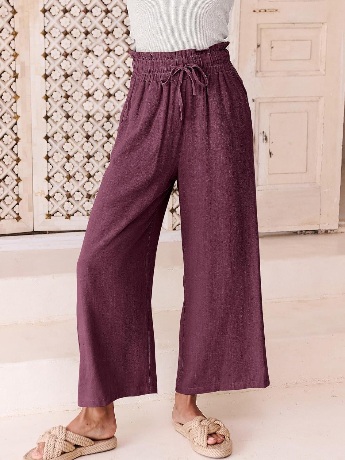 imageANRABESS Women Linen Pants Casual Loose High Waist Boho Wide Leg Cropped Palazzo Beach Pants Summer Outfits 2025 TrendyPurple