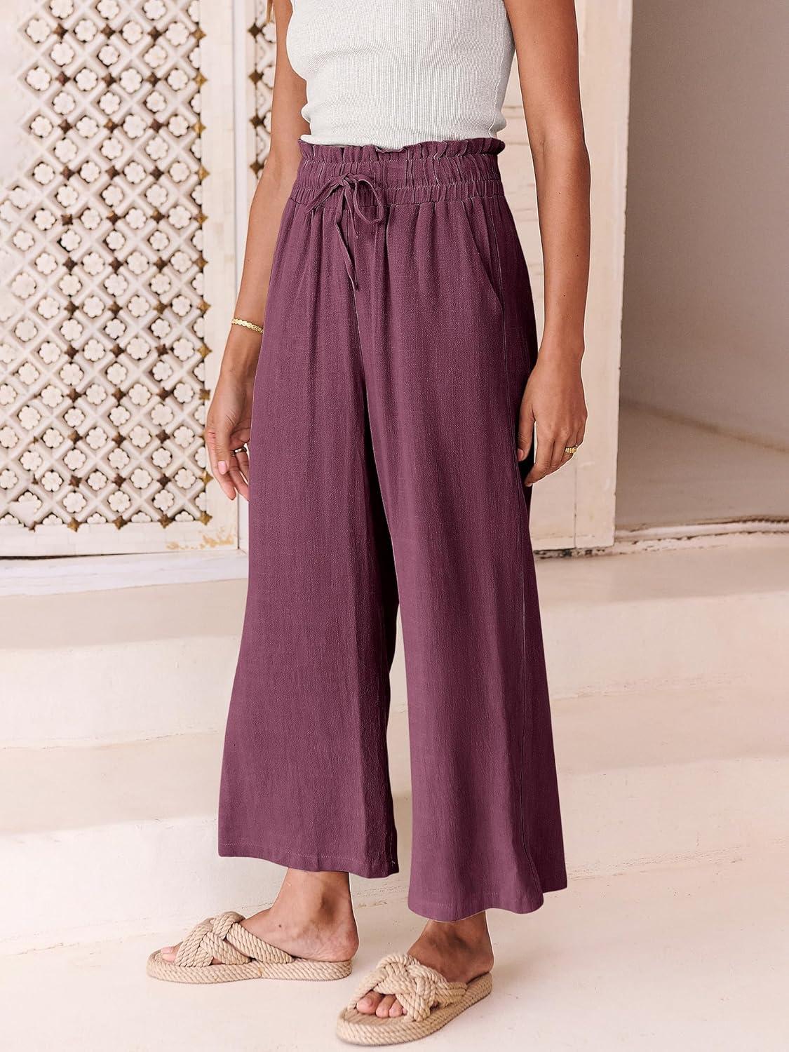 imageANRABESS Women Linen Pants Casual Loose High Waist Boho Wide Leg Cropped Palazzo Beach Pants Summer Outfits 2025 TrendyPurple