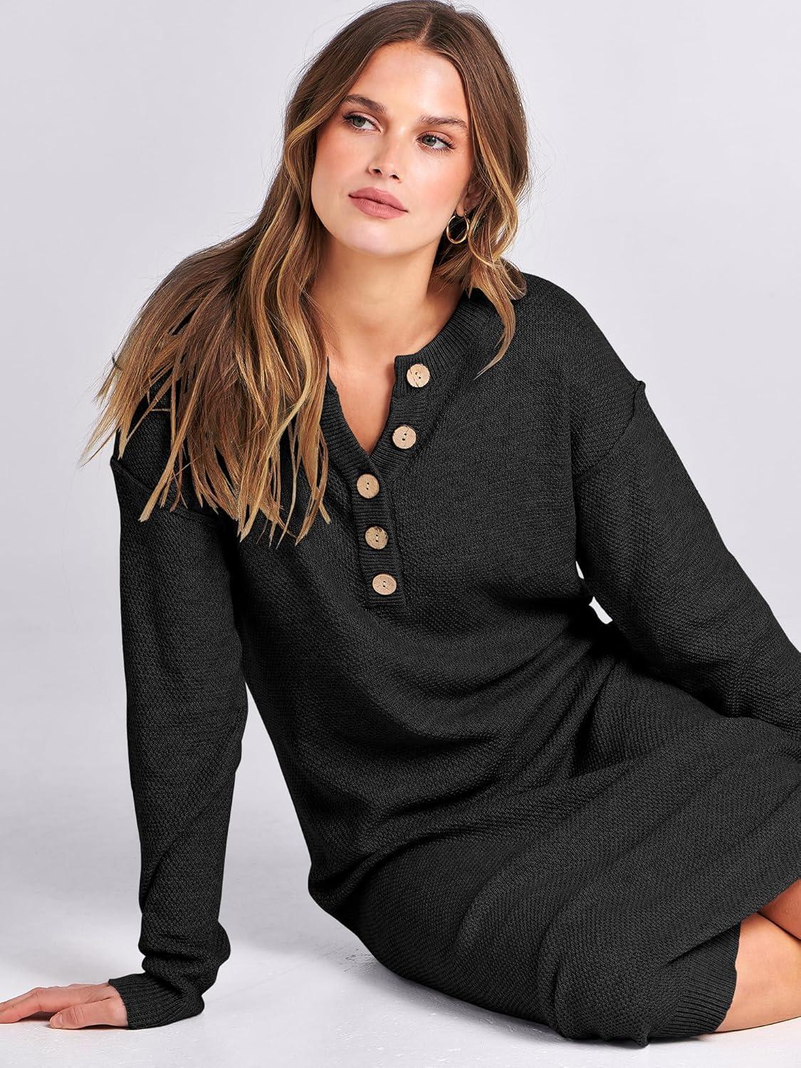 imageANRABESS Women Long Sleeve Button V Neck Oversized Casual Loose Fit Waffle Knit Fall Midi Sweater Dress 2025 Trendy OutfitsBlack