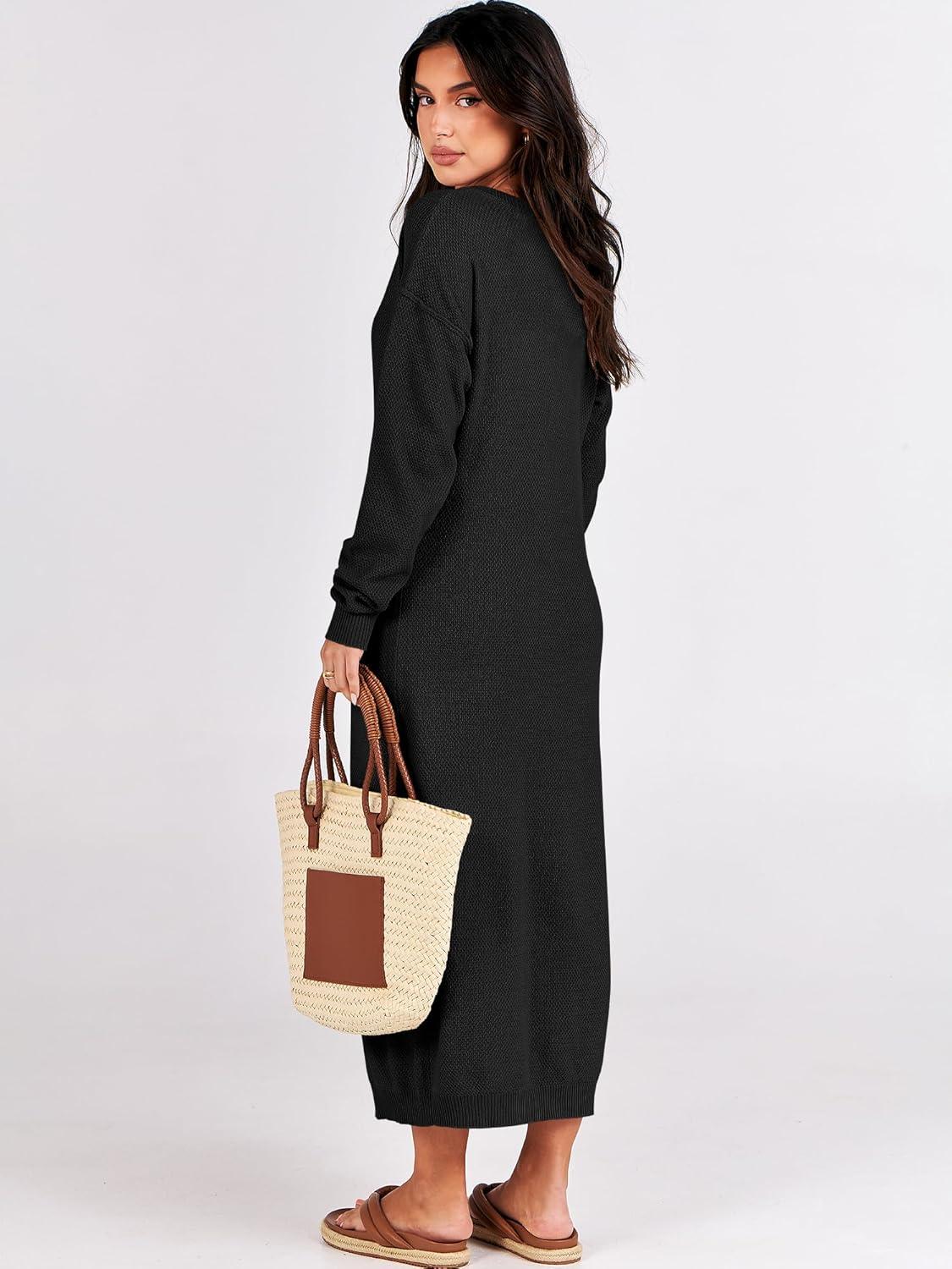 imageANRABESS Women Long Sleeve Button V Neck Oversized Casual Loose Fit Waffle Knit Fall Midi Sweater Dress 2025 Trendy OutfitsBlack