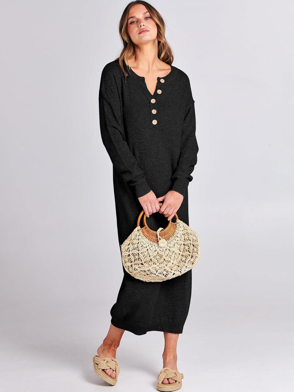 imageANRABESS Women Long Sleeve Button V Neck Oversized Casual Loose Fit Waffle Knit Fall Midi Sweater Dress 2025 Trendy OutfitsBlack