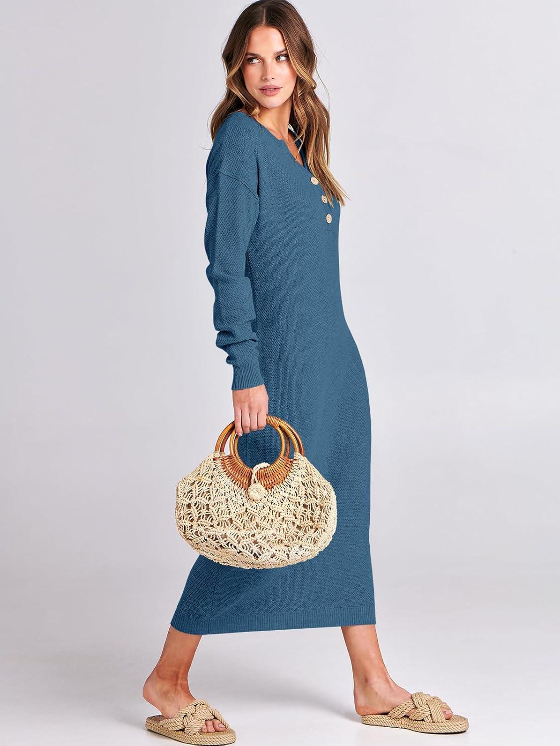 imageANRABESS Women Long Sleeve Button V Neck Oversized Casual Loose Fit Waffle Knit Fall Midi Sweater Dress 2025 Trendy OutfitsDusty Blue