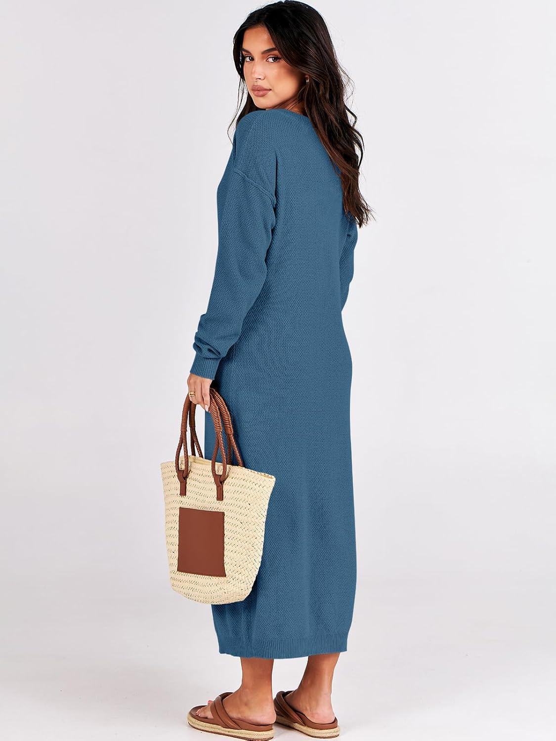 imageANRABESS Women Long Sleeve Button V Neck Oversized Casual Loose Fit Waffle Knit Fall Midi Sweater Dress 2025 Trendy OutfitsDusty Blue