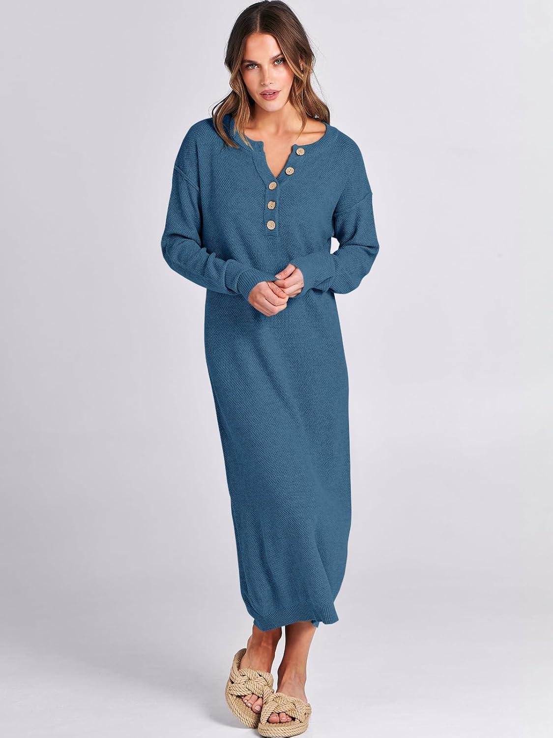 imageANRABESS Women Long Sleeve Button V Neck Oversized Casual Loose Fit Waffle Knit Fall Midi Sweater Dress 2025 Trendy OutfitsDusty Blue
