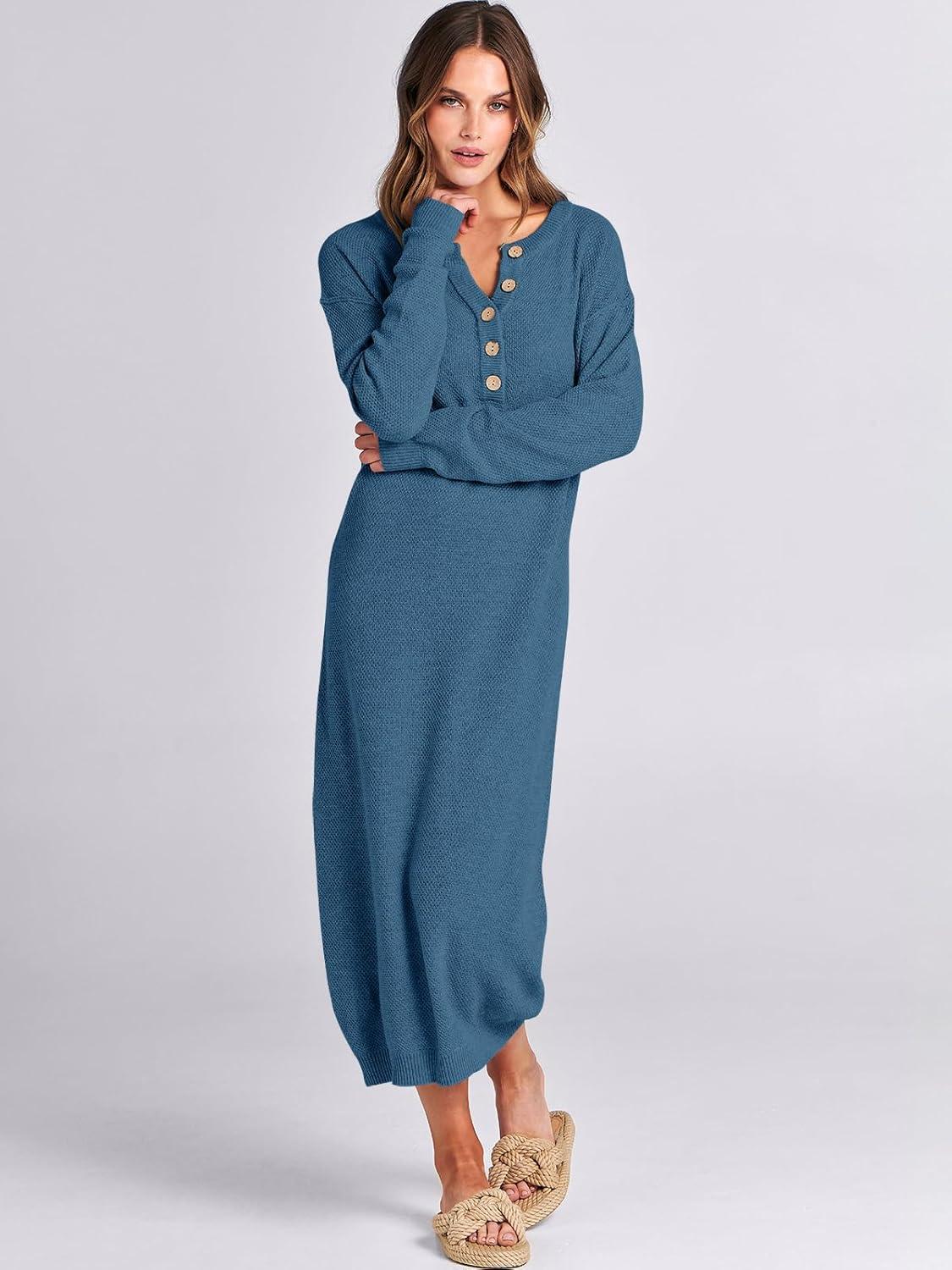 imageANRABESS Women Long Sleeve Button V Neck Oversized Casual Loose Fit Waffle Knit Fall Midi Sweater Dress 2025 Trendy OutfitsDusty Blue