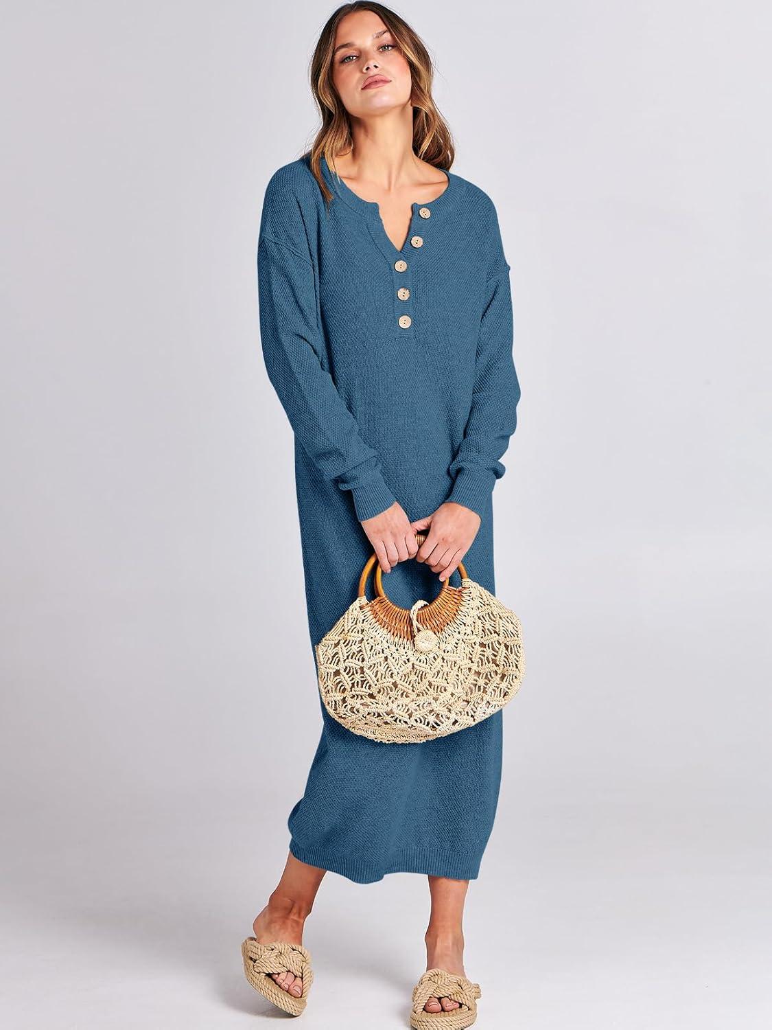 imageANRABESS Women Long Sleeve Button V Neck Oversized Casual Loose Fit Waffle Knit Fall Midi Sweater Dress 2025 Trendy OutfitsDusty Blue
