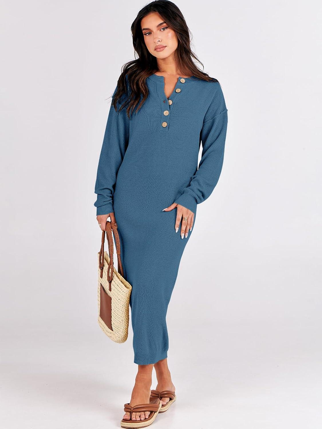 imageANRABESS Women Long Sleeve Button V Neck Oversized Casual Loose Fit Waffle Knit Fall Midi Sweater Dress 2025 Trendy OutfitsDusty Blue