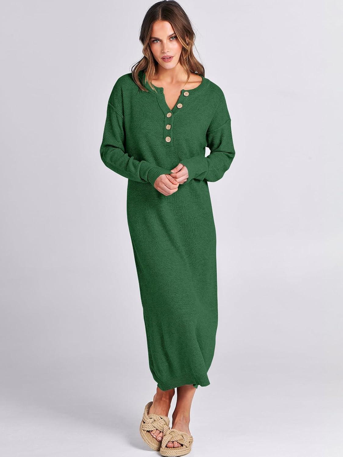 imageANRABESS Women Long Sleeve Button V Neck Oversized Casual Loose Fit Waffle Knit Fall Midi Sweater Dress 2025 Trendy OutfitsGreen