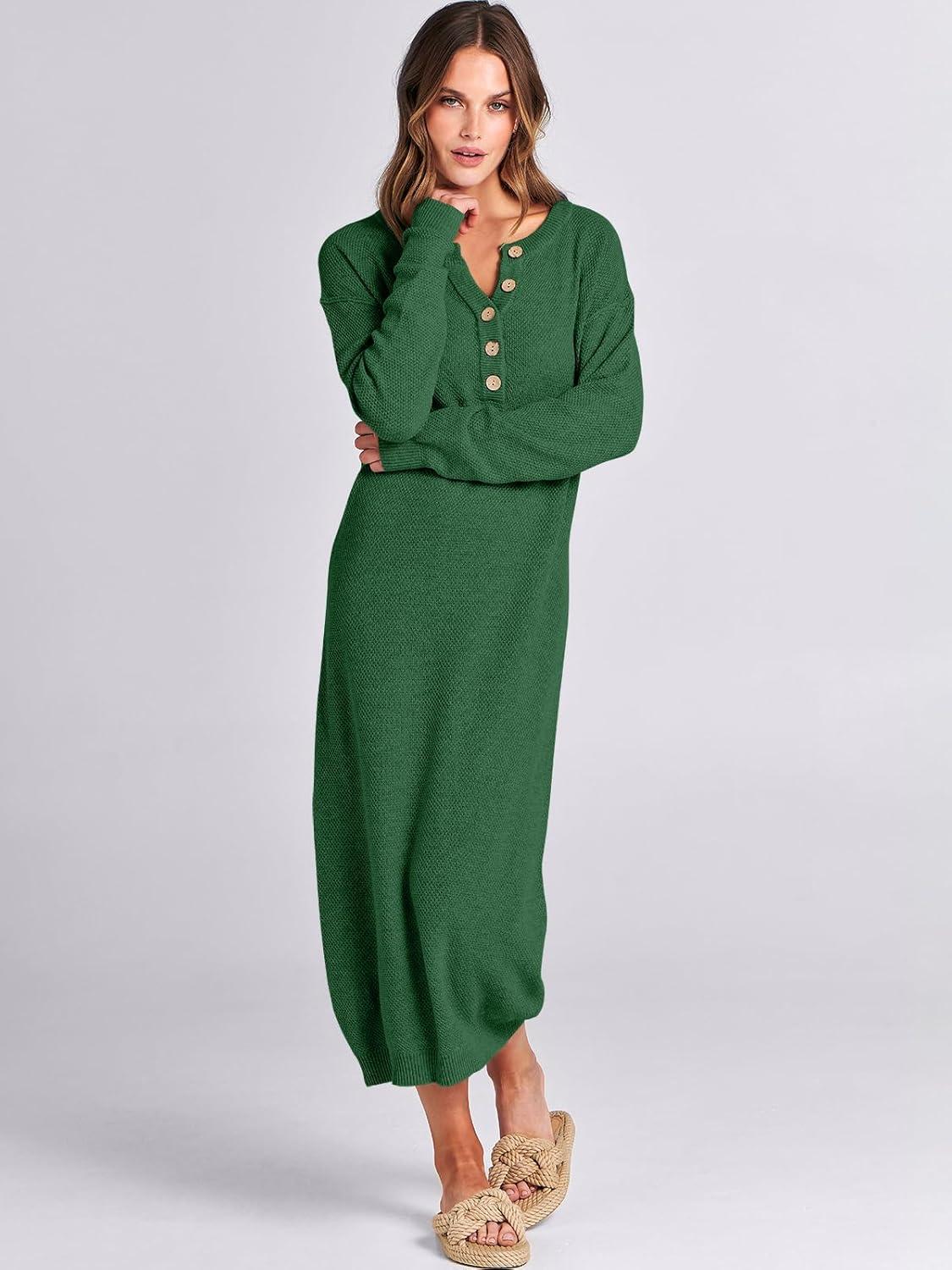 imageANRABESS Women Long Sleeve Button V Neck Oversized Casual Loose Fit Waffle Knit Fall Midi Sweater Dress 2025 Trendy OutfitsGreen