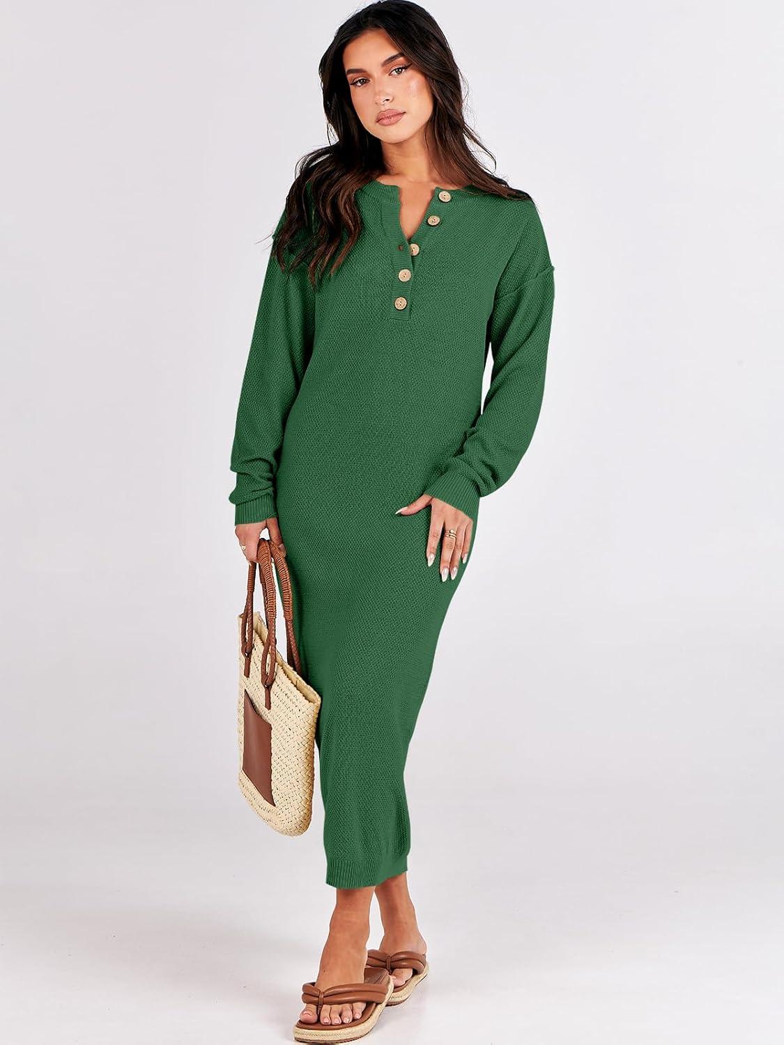 imageANRABESS Women Long Sleeve Button V Neck Oversized Casual Loose Fit Waffle Knit Fall Midi Sweater Dress 2025 Trendy OutfitsGreen