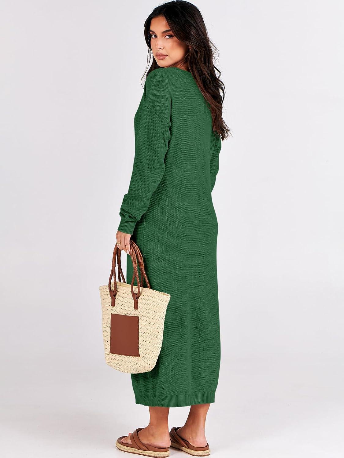 imageANRABESS Women Long Sleeve Button V Neck Oversized Casual Loose Fit Waffle Knit Fall Midi Sweater Dress 2025 Trendy OutfitsGreen