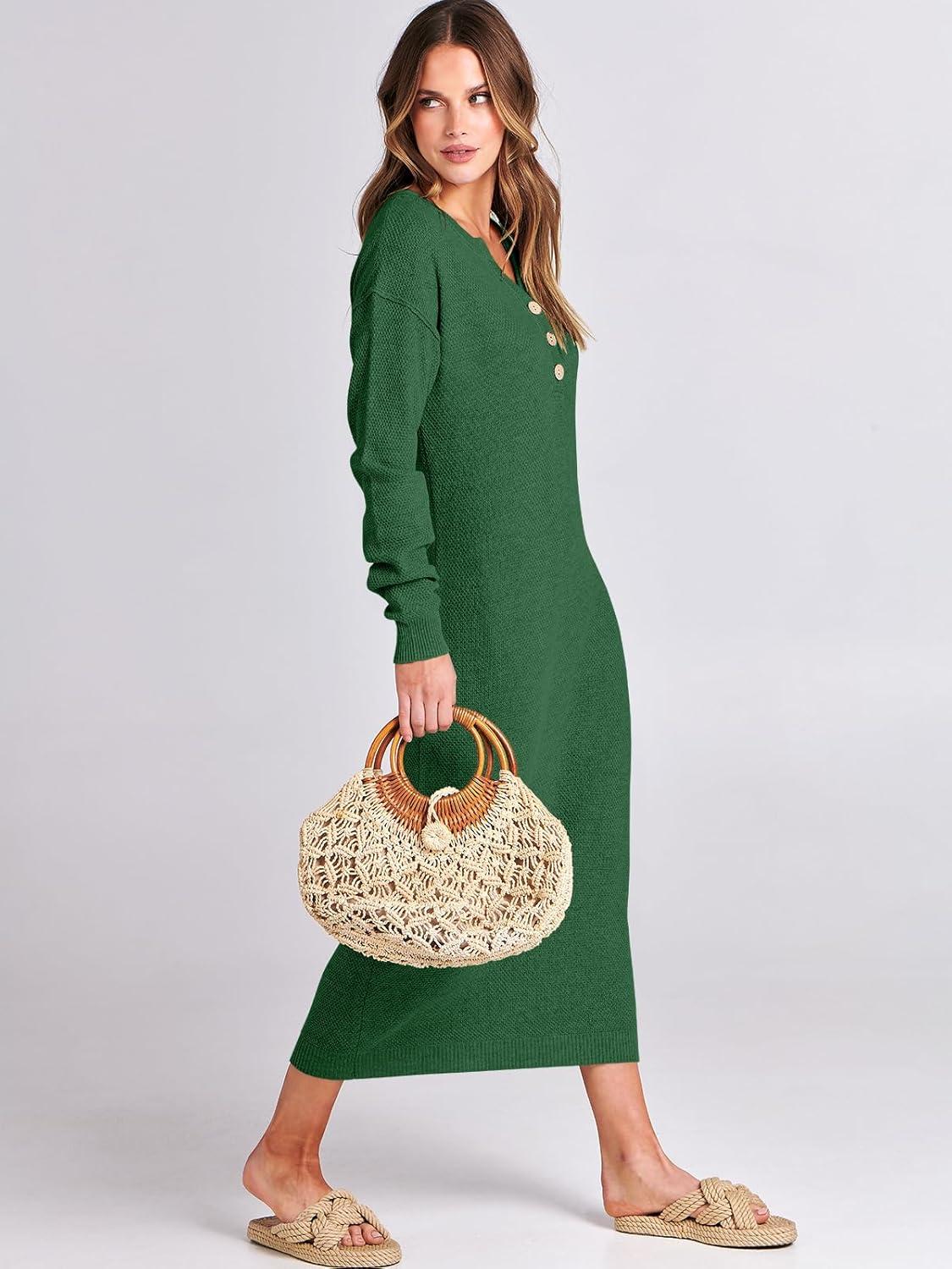imageANRABESS Women Long Sleeve Button V Neck Oversized Casual Loose Fit Waffle Knit Fall Midi Sweater Dress 2025 Trendy OutfitsGreen