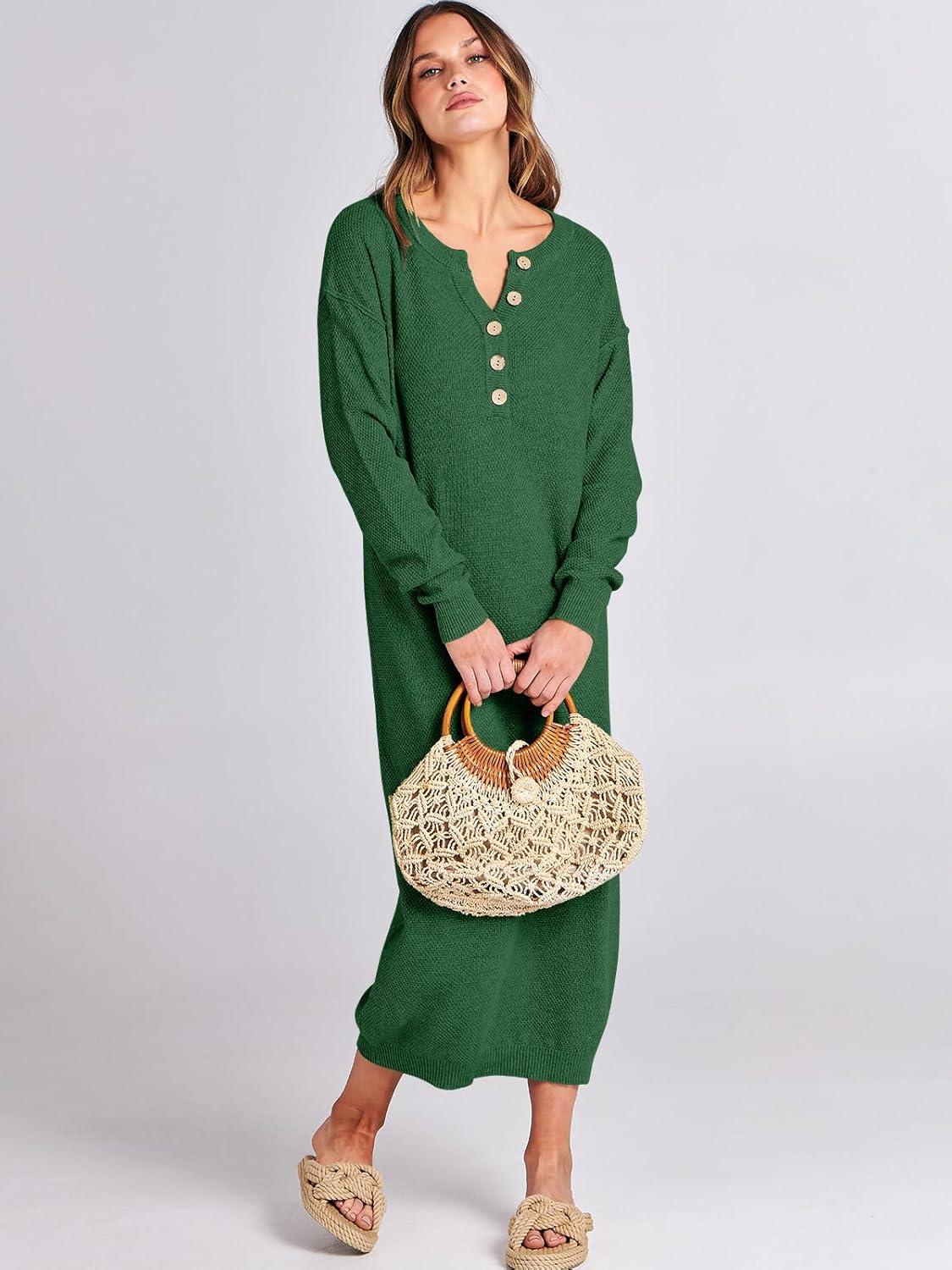 imageANRABESS Women Long Sleeve Button V Neck Oversized Casual Loose Fit Waffle Knit Fall Midi Sweater Dress 2025 Trendy OutfitsGreen