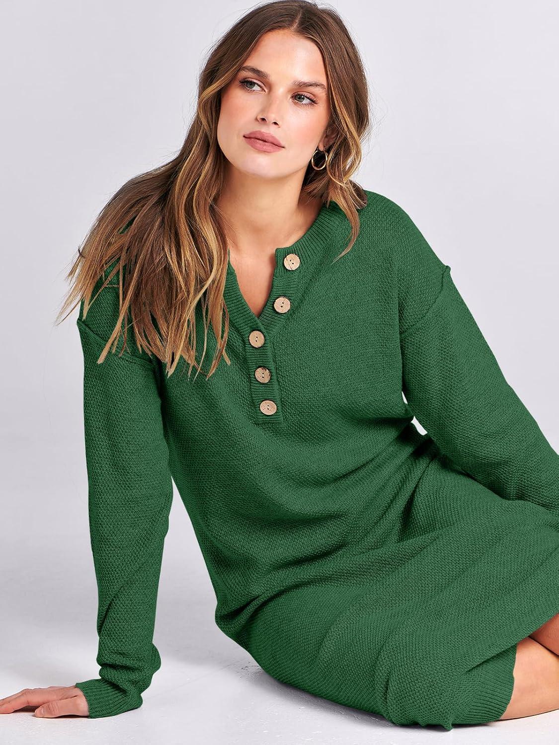 imageANRABESS Women Long Sleeve Button V Neck Oversized Casual Loose Fit Waffle Knit Fall Midi Sweater Dress 2025 Trendy OutfitsGreen