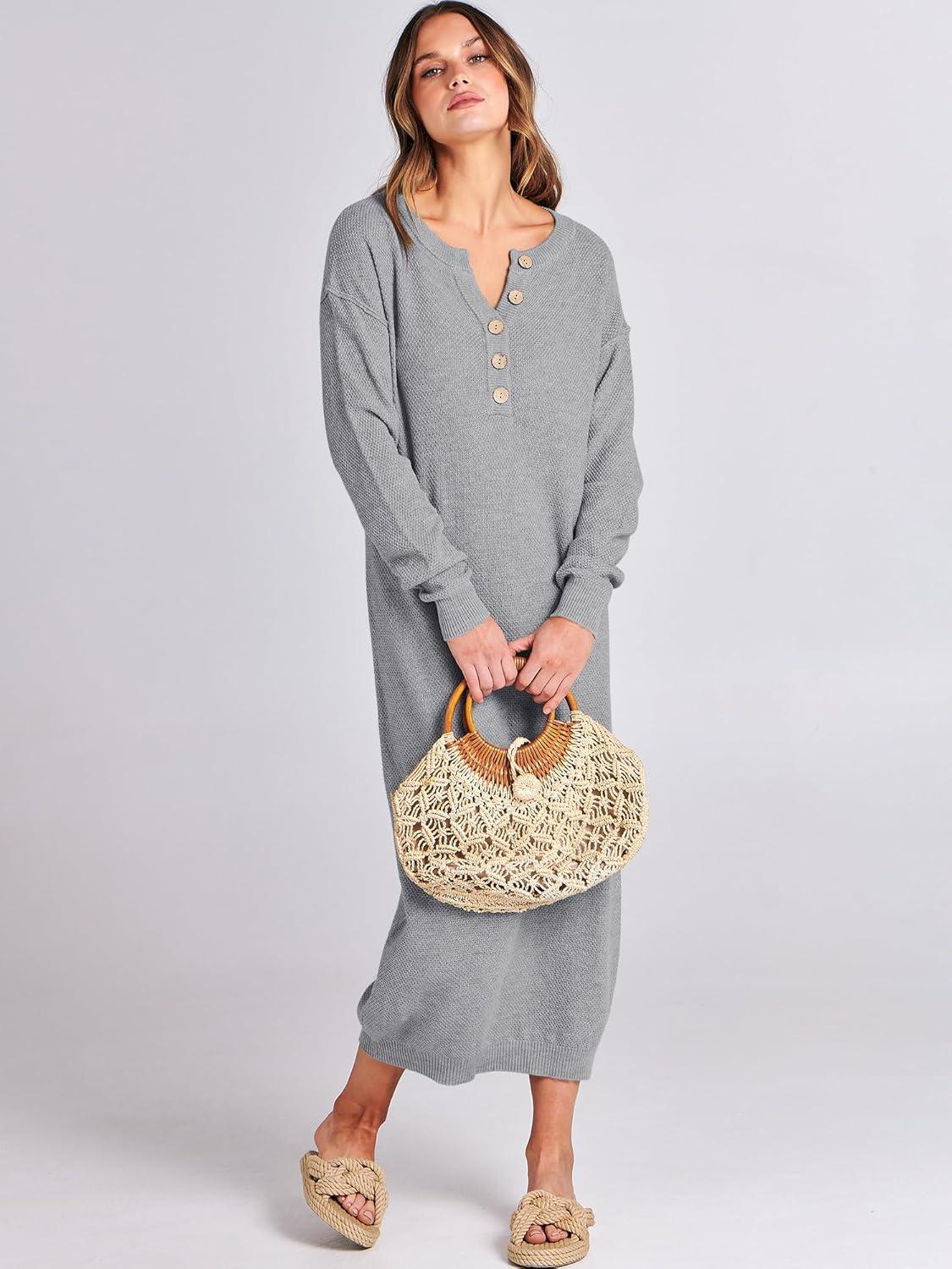 imageANRABESS Women Long Sleeve Button V Neck Oversized Casual Loose Fit Waffle Knit Fall Midi Sweater Dress 2025 Trendy OutfitsGrey