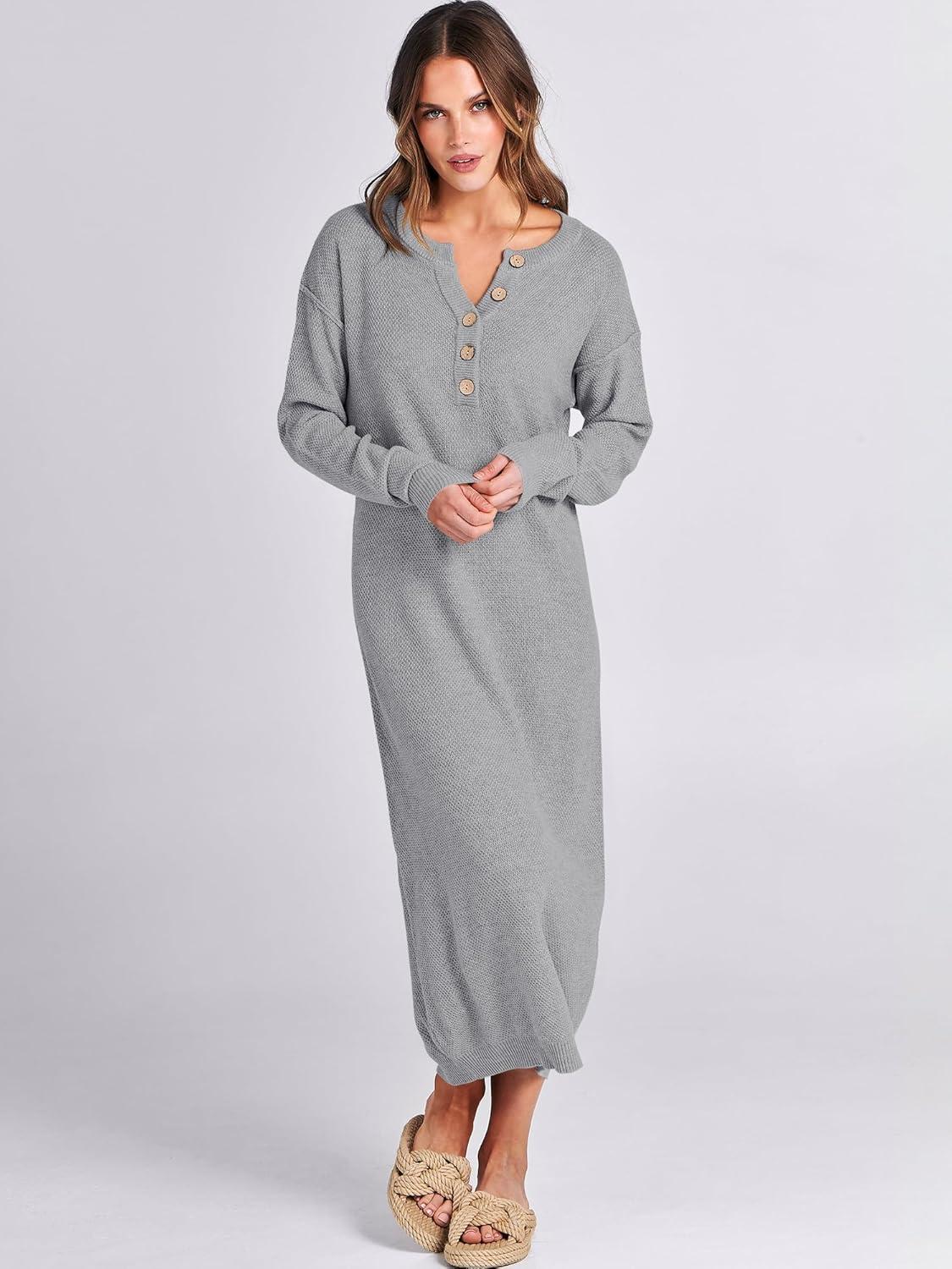 imageANRABESS Women Long Sleeve Button V Neck Oversized Casual Loose Fit Waffle Knit Fall Midi Sweater Dress 2025 Trendy OutfitsGrey