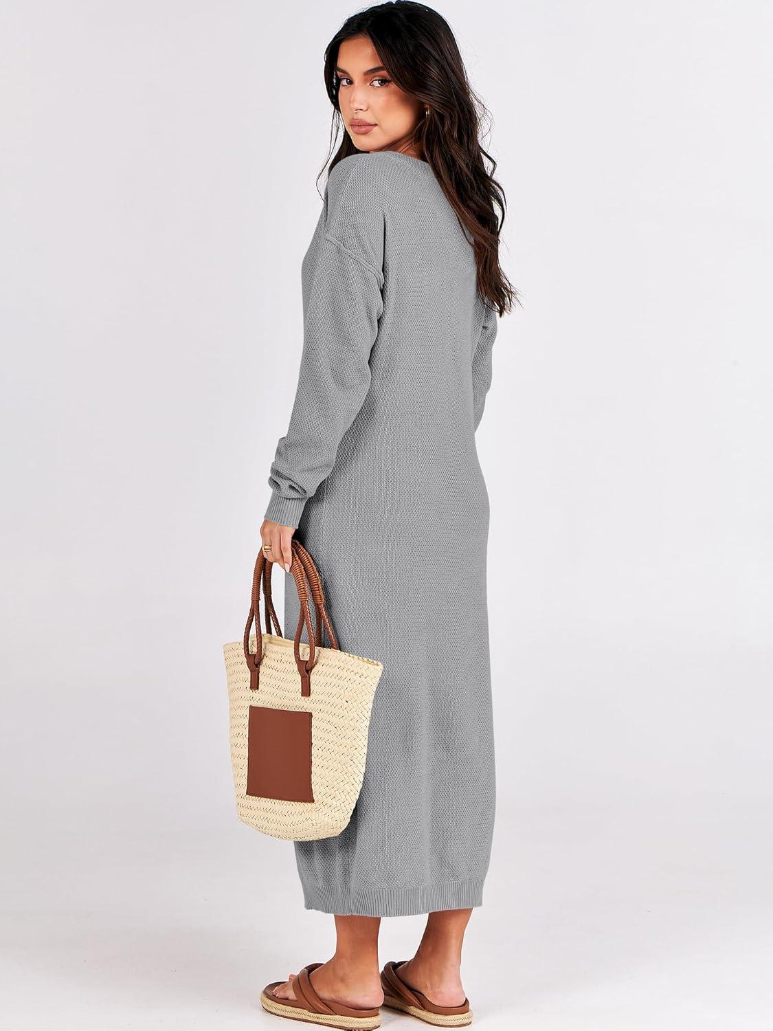 imageANRABESS Women Long Sleeve Button V Neck Oversized Casual Loose Fit Waffle Knit Fall Midi Sweater Dress 2025 Trendy OutfitsGrey