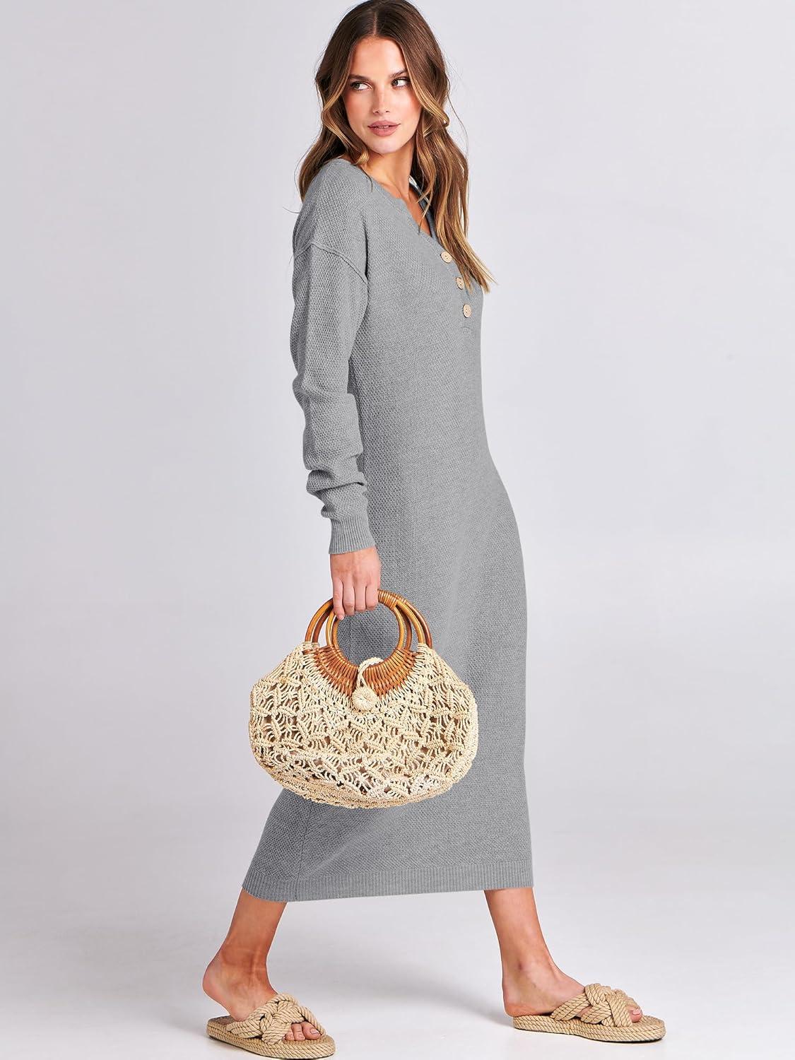 imageANRABESS Women Long Sleeve Button V Neck Oversized Casual Loose Fit Waffle Knit Fall Midi Sweater Dress 2025 Trendy OutfitsGrey