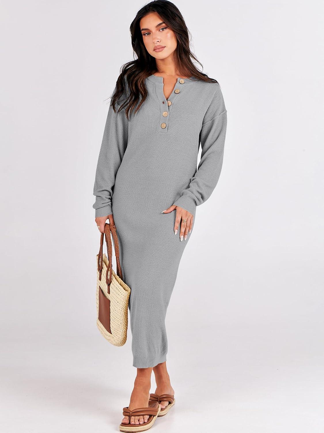 imageANRABESS Women Long Sleeve Button V Neck Oversized Casual Loose Fit Waffle Knit Fall Midi Sweater Dress 2025 Trendy OutfitsGrey