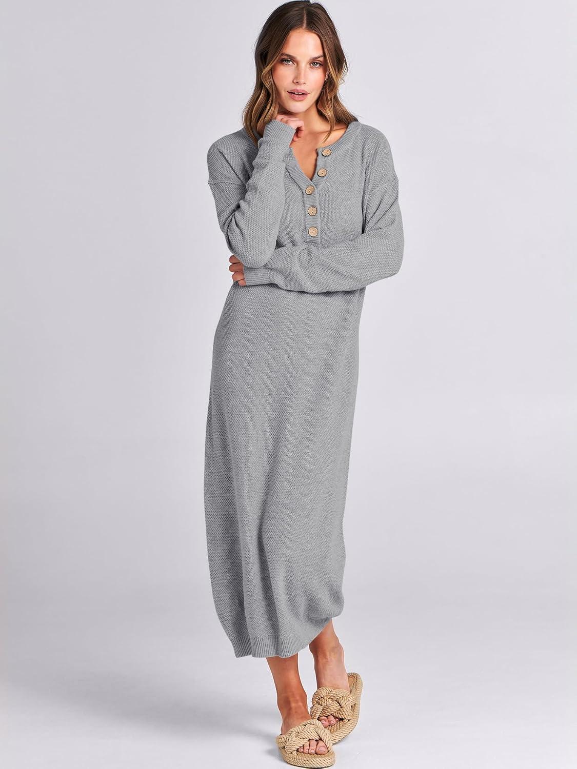 imageANRABESS Women Long Sleeve Button V Neck Oversized Casual Loose Fit Waffle Knit Fall Midi Sweater Dress 2025 Trendy OutfitsGrey