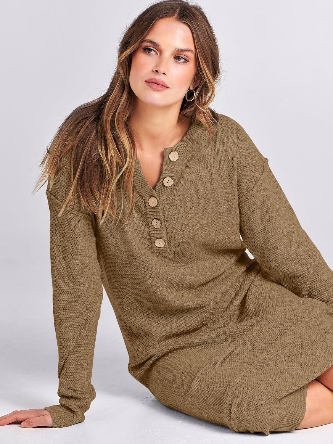 imageANRABESS Women Long Sleeve Button V Neck Oversized Casual Loose Fit Waffle Knit Fall Midi Sweater Dress 2025 Trendy OutfitsKhaki