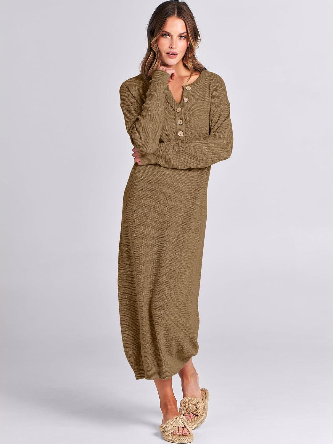 imageANRABESS Women Long Sleeve Button V Neck Oversized Casual Loose Fit Waffle Knit Fall Midi Sweater Dress 2025 Trendy OutfitsKhaki