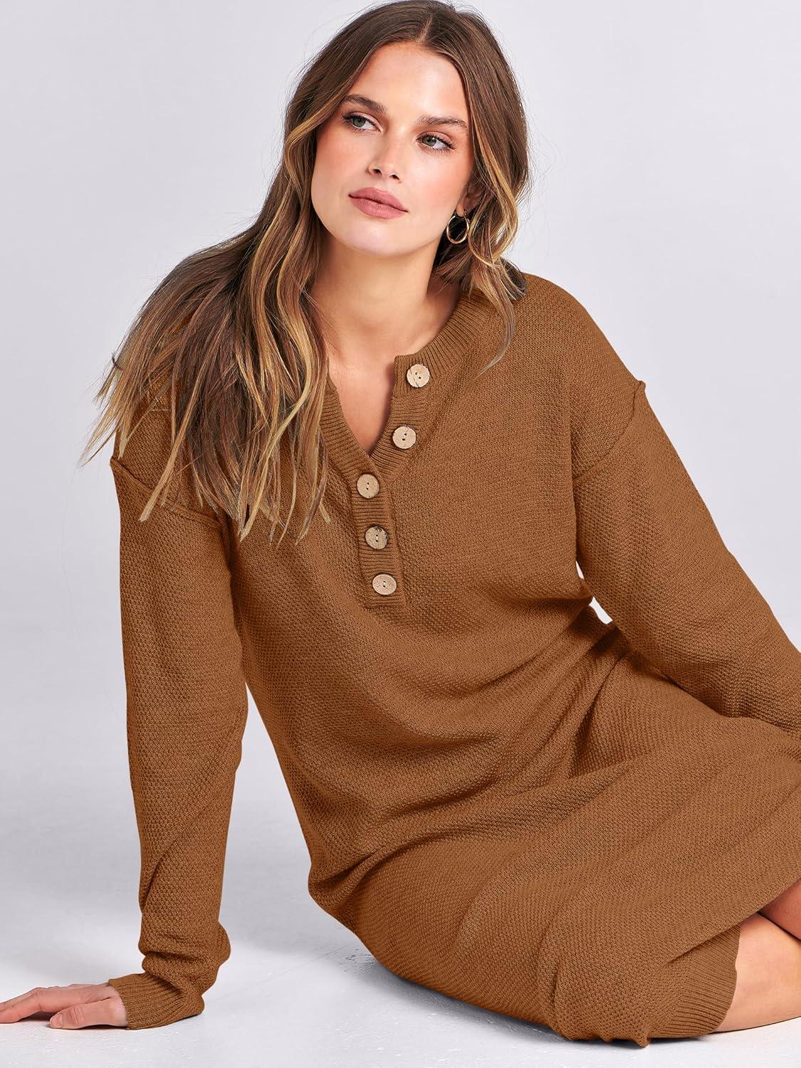 imageANRABESS Women Long Sleeve Button V Neck Oversized Casual Loose Fit Waffle Knit Fall Midi Sweater Dress 2025 Trendy OutfitsLight Khaki