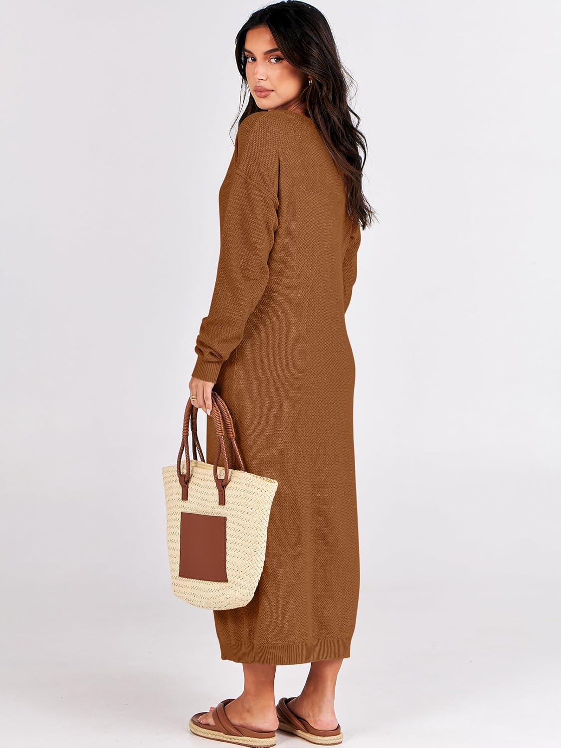 imageANRABESS Women Long Sleeve Button V Neck Oversized Casual Loose Fit Waffle Knit Fall Midi Sweater Dress 2025 Trendy OutfitsLight Khaki
