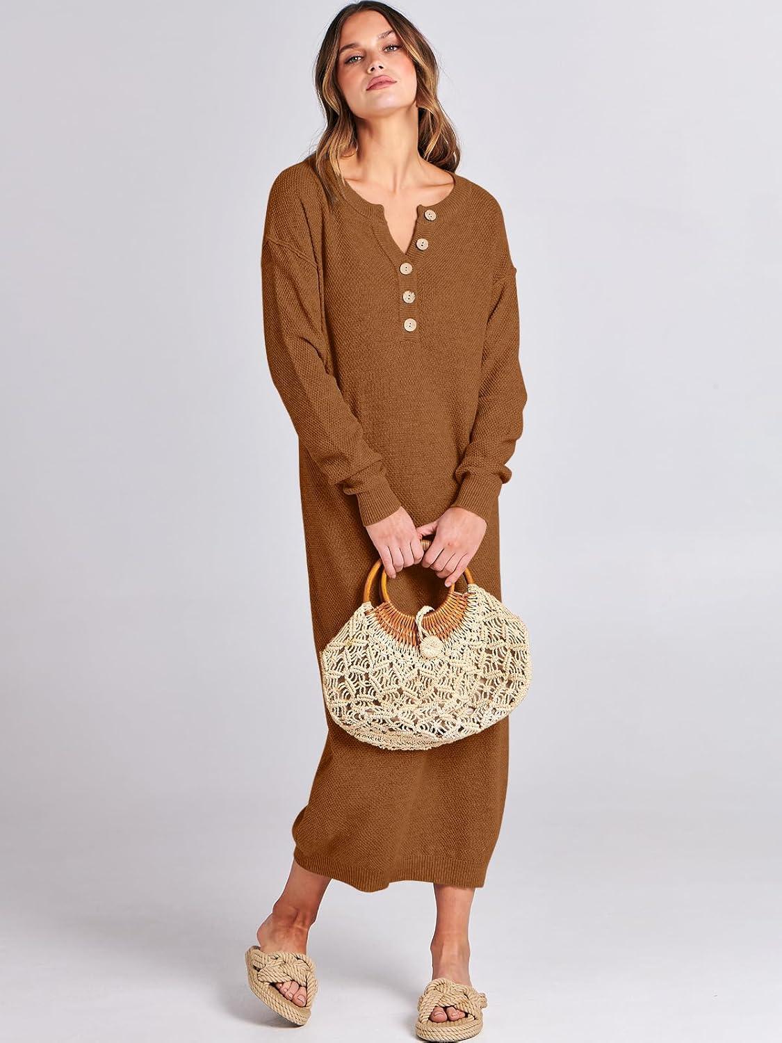imageANRABESS Women Long Sleeve Button V Neck Oversized Casual Loose Fit Waffle Knit Fall Midi Sweater Dress 2025 Trendy OutfitsLight Khaki