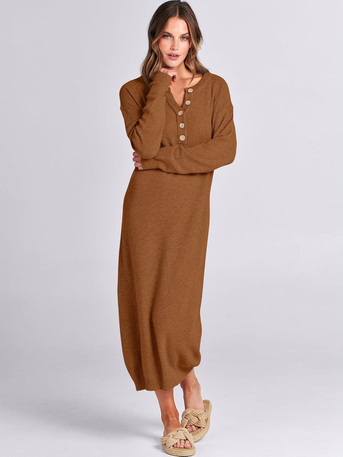 imageANRABESS Women Long Sleeve Button V Neck Oversized Casual Loose Fit Waffle Knit Fall Midi Sweater Dress 2025 Trendy OutfitsLight Khaki