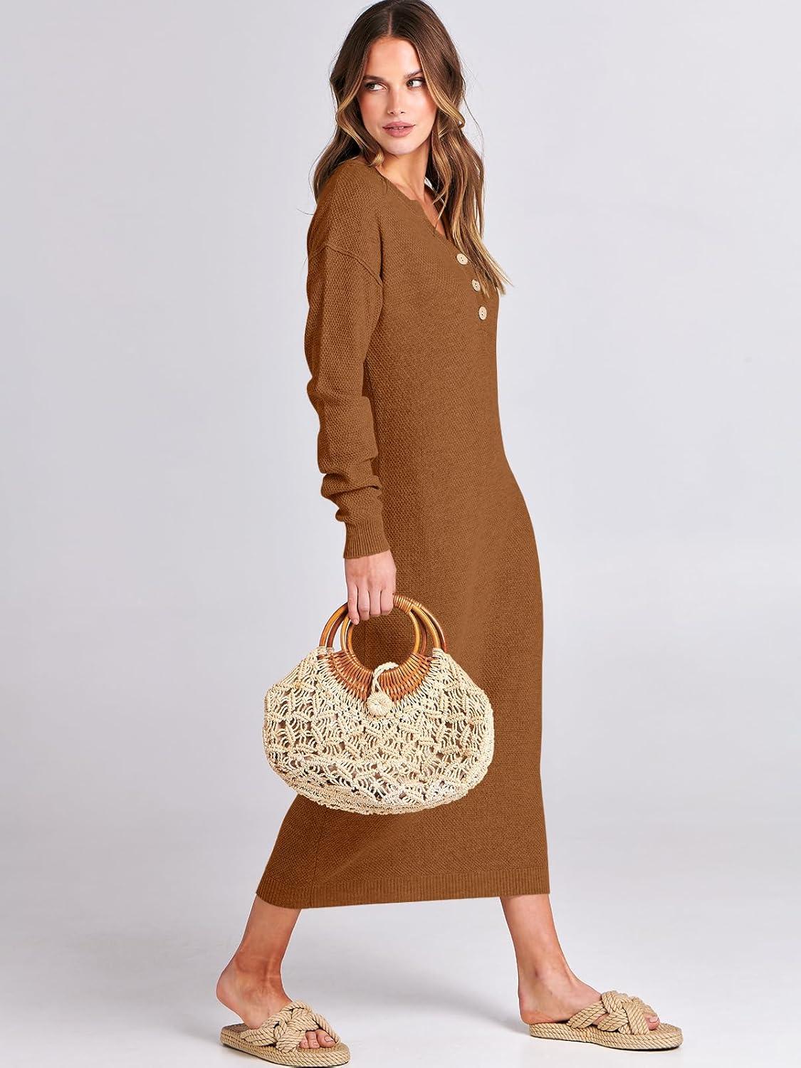 imageANRABESS Women Long Sleeve Button V Neck Oversized Casual Loose Fit Waffle Knit Fall Midi Sweater Dress 2025 Trendy OutfitsLight Khaki