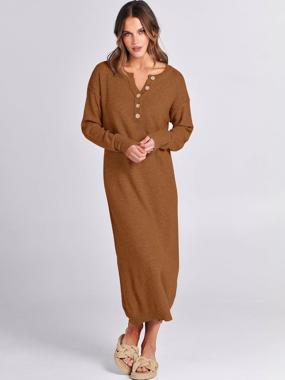 imageANRABESS Women Long Sleeve Button V Neck Oversized Casual Loose Fit Waffle Knit Fall Midi Sweater Dress 2025 Trendy OutfitsLight Khaki