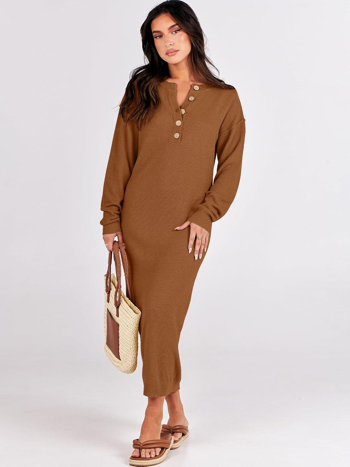 imageANRABESS Women Long Sleeve Button V Neck Oversized Casual Loose Fit Waffle Knit Fall Midi Sweater Dress 2025 Trendy OutfitsLight Khaki
